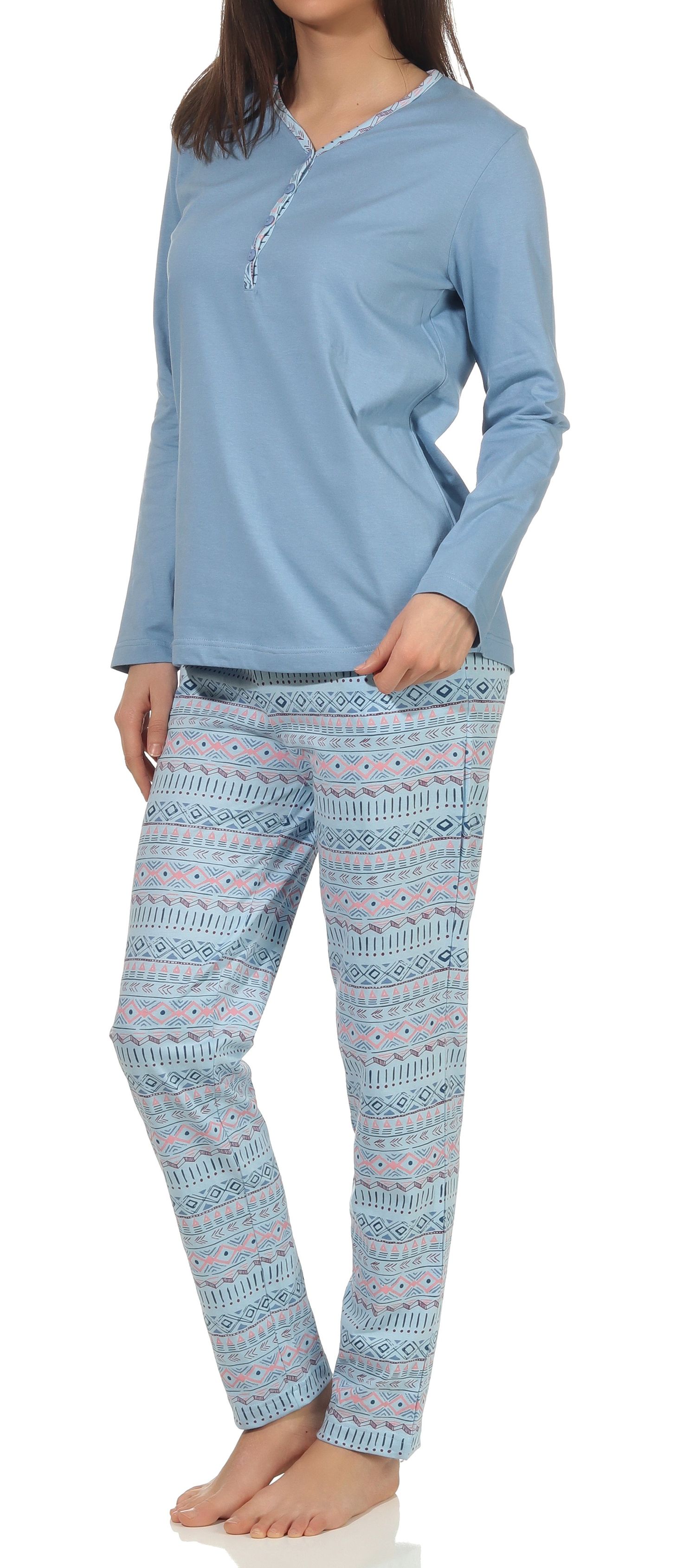 Normann Damen Schlafanzug langarm Pyjama mit Bündchen im Ethnolook - auch in Übergrößen