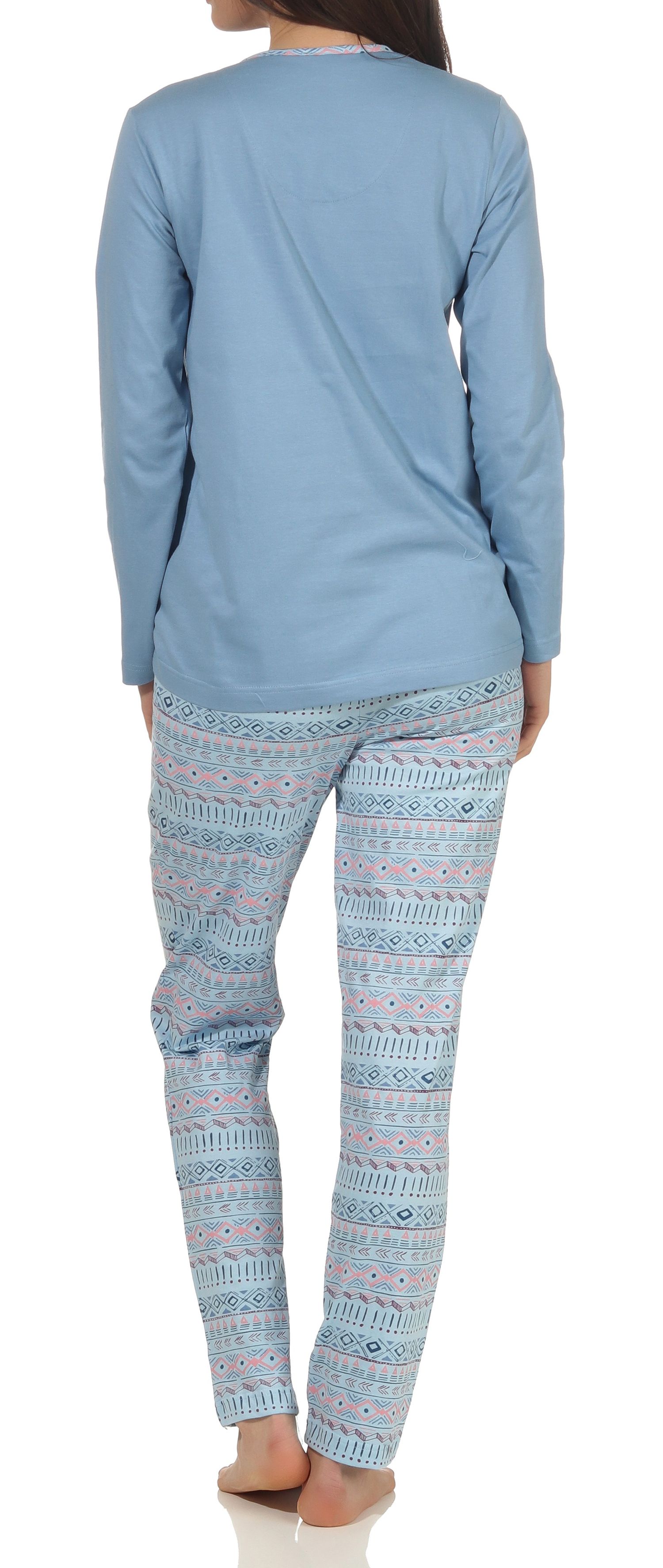 Normann Damen Schlafanzug langarm Pyjama mit Bündchen im Ethnolook - auch in Übergrößen