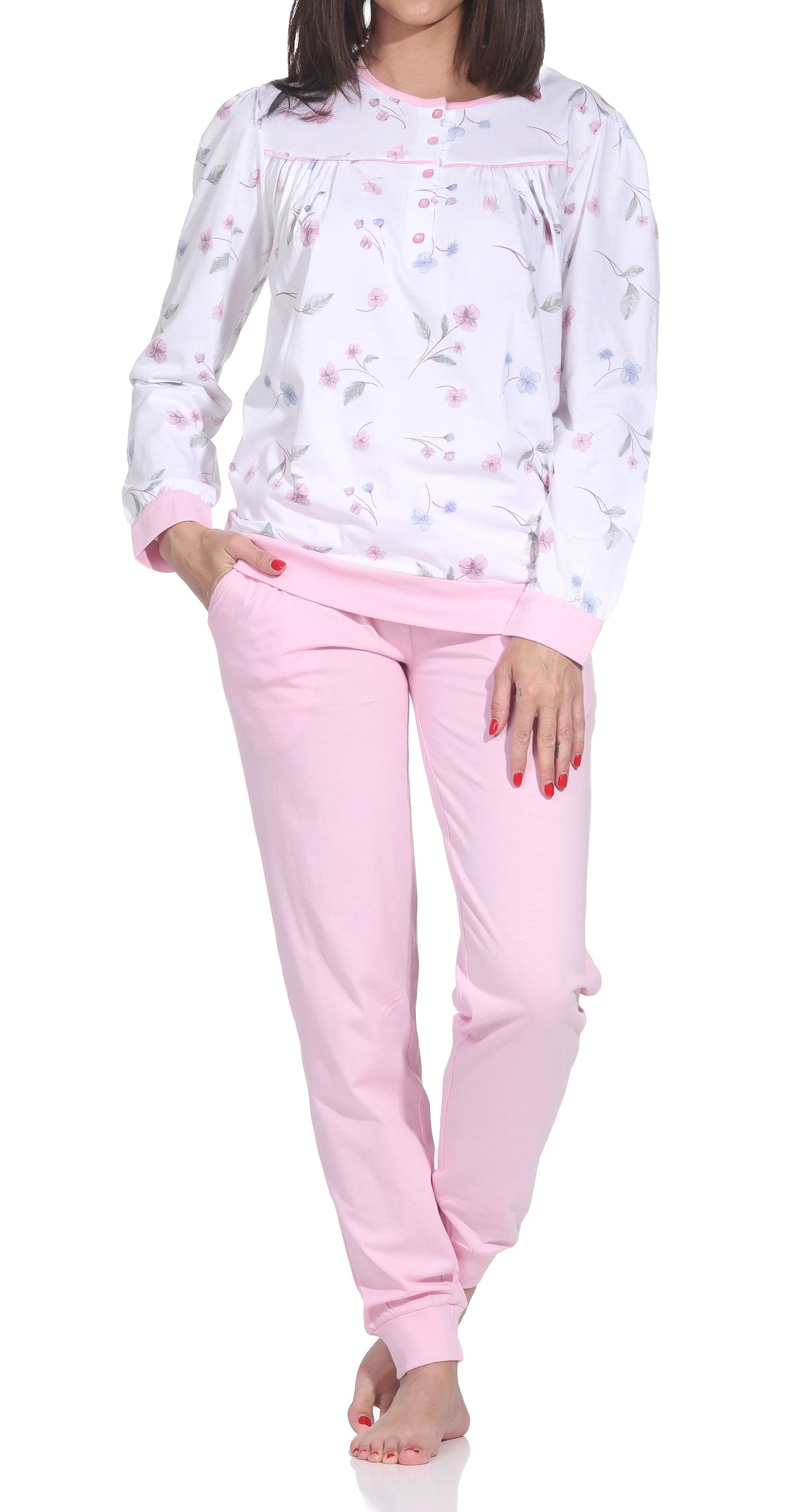 Normann Damen fraulicher Langarm Schlafanzug Pyjama mit Bündchen in Klassischer Optik Normann Damen fraulicher Langarm Schlafanzug Pyjama mit Bündchen in Klassischer Optik