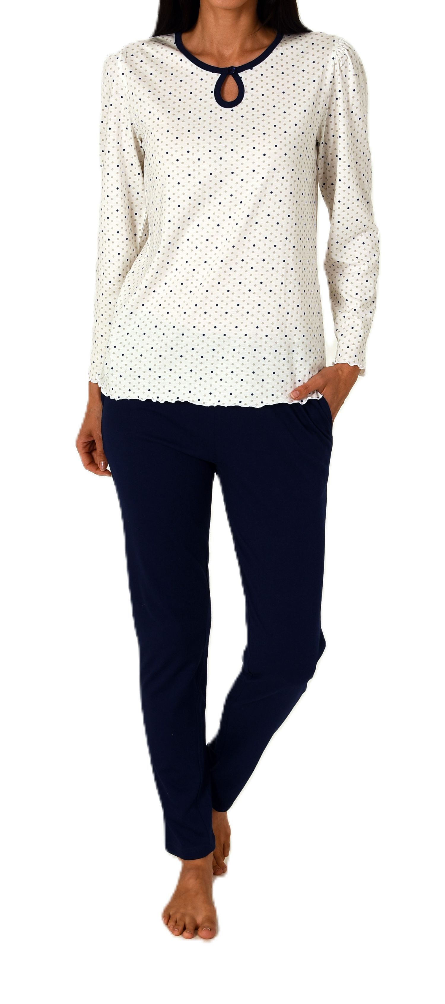 Normann Damen Schlafanzug langarm Pyjama in Tupfen Punkte Optik – auch in Übergrößen
