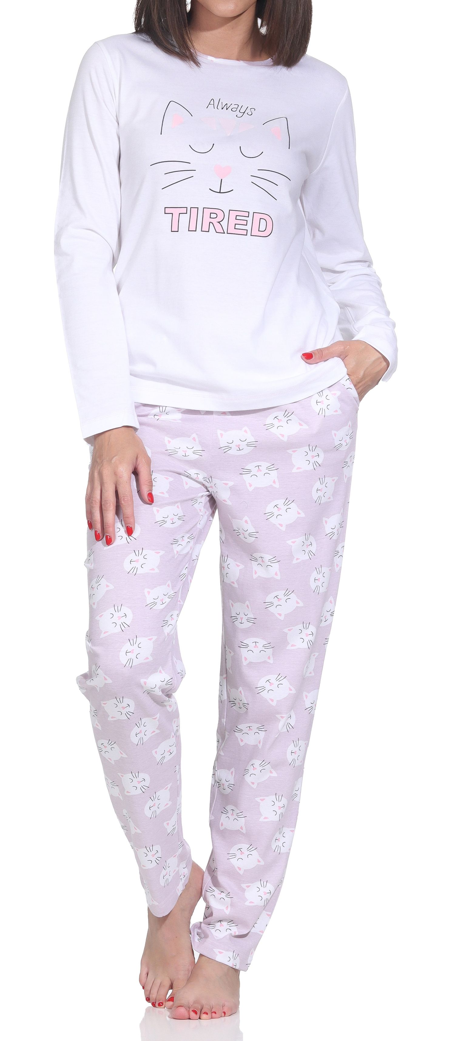 Normann Damen langarm Schlafanzug Pyjama mit niedlichen Katzenmotiv – auch in Übergröße