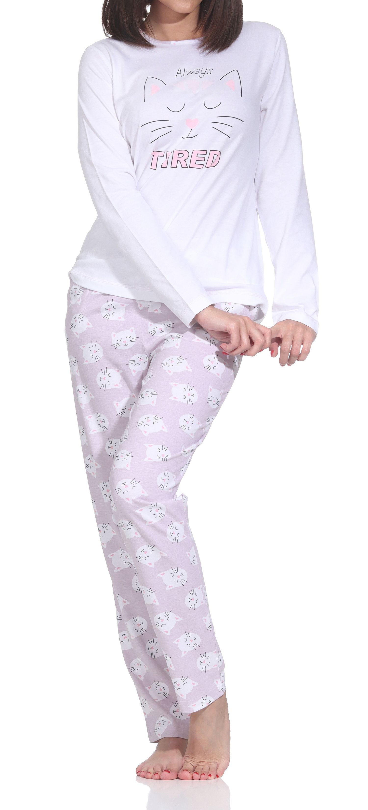 Normann Damen langarm Schlafanzug Pyjama mit niedlichen Katzenmotiv – auch in Übergröße