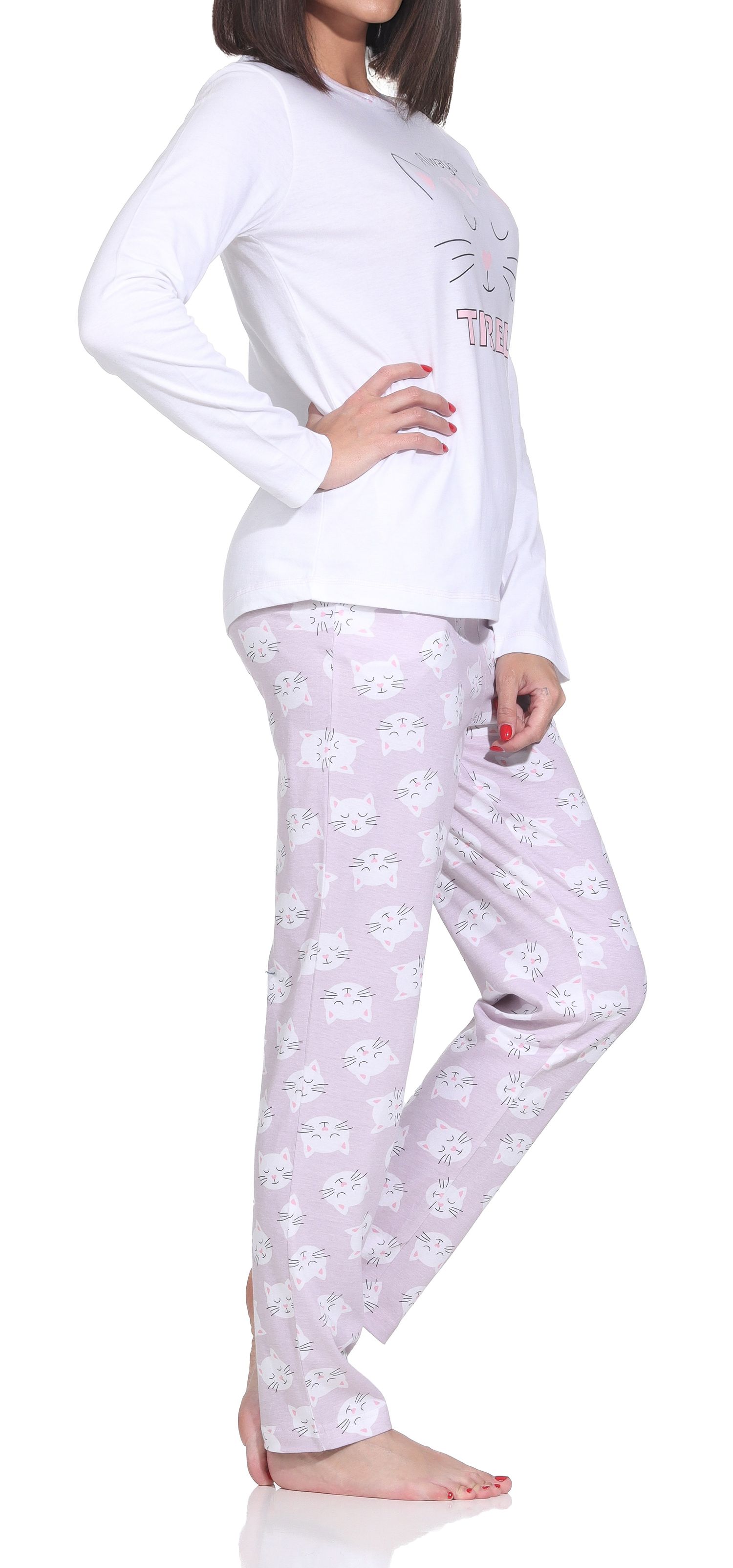 Normann Damen langarm Schlafanzug Pyjama mit niedlichen Katzenmotiv – auch in Übergröße