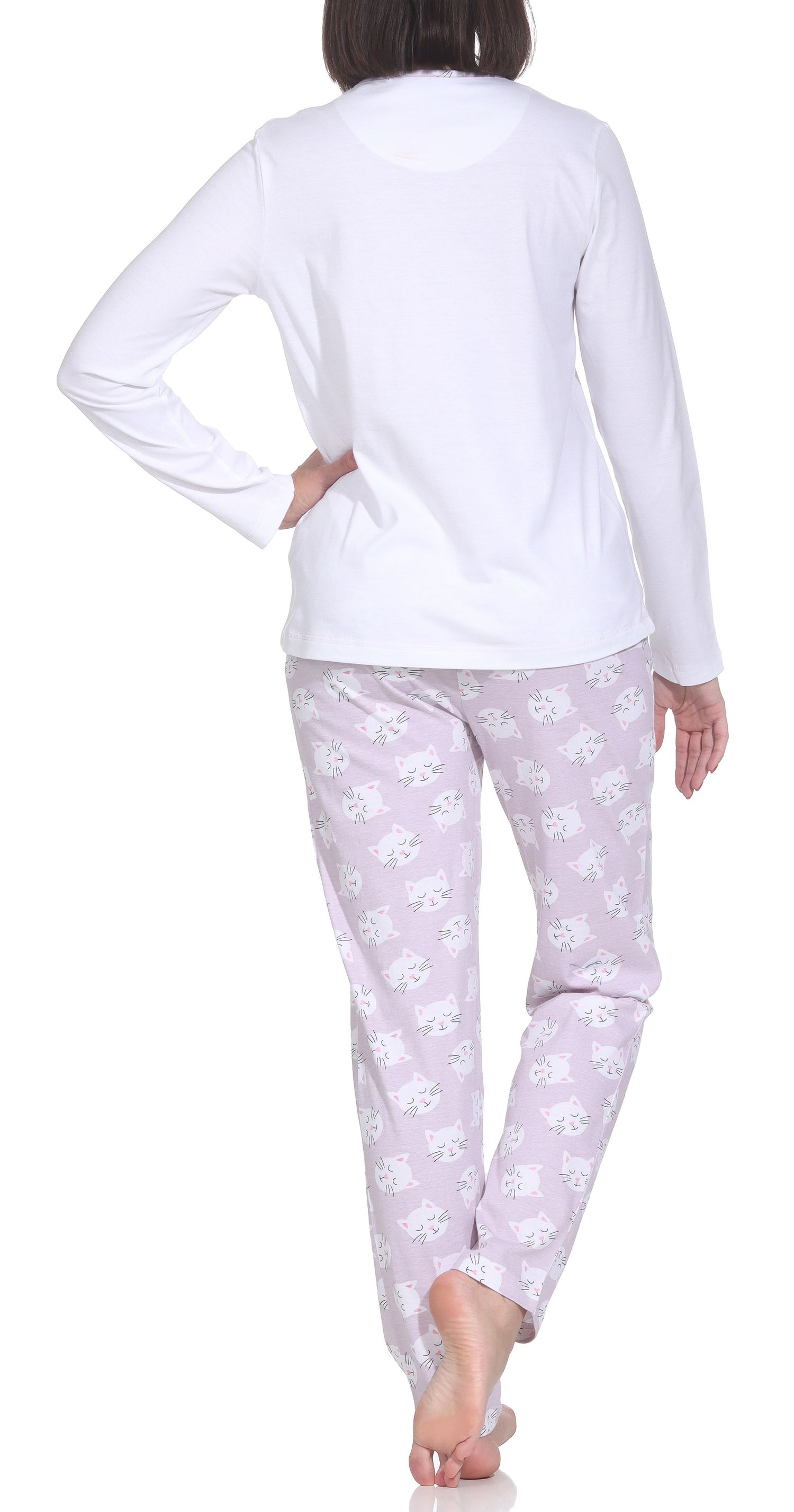 Normann Damen langarm Schlafanzug Pyjama mit niedlichen Katzenmotiv – auch in Übergröße