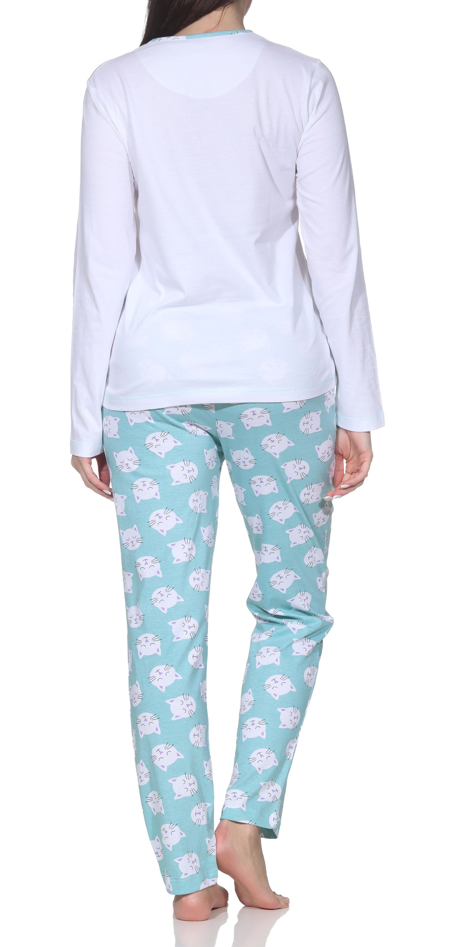 Normann Damen langarm Schlafanzug Pyjama mit niedlichen Katzenmotiv – auch in Übergröße