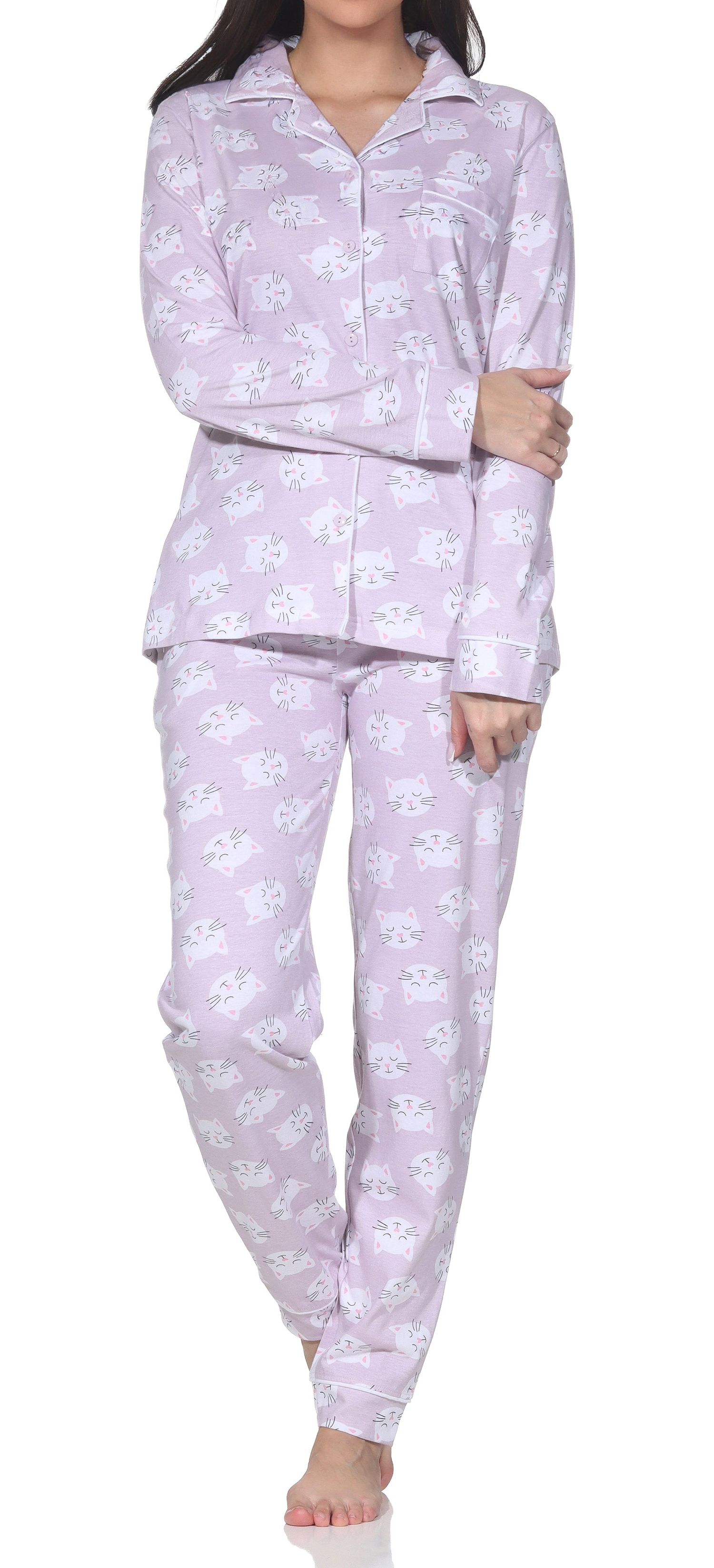 Normann Damen Jersey Pyjama langarm zum durchknöpfen mit Katzenmotiven - auch in Übergröße