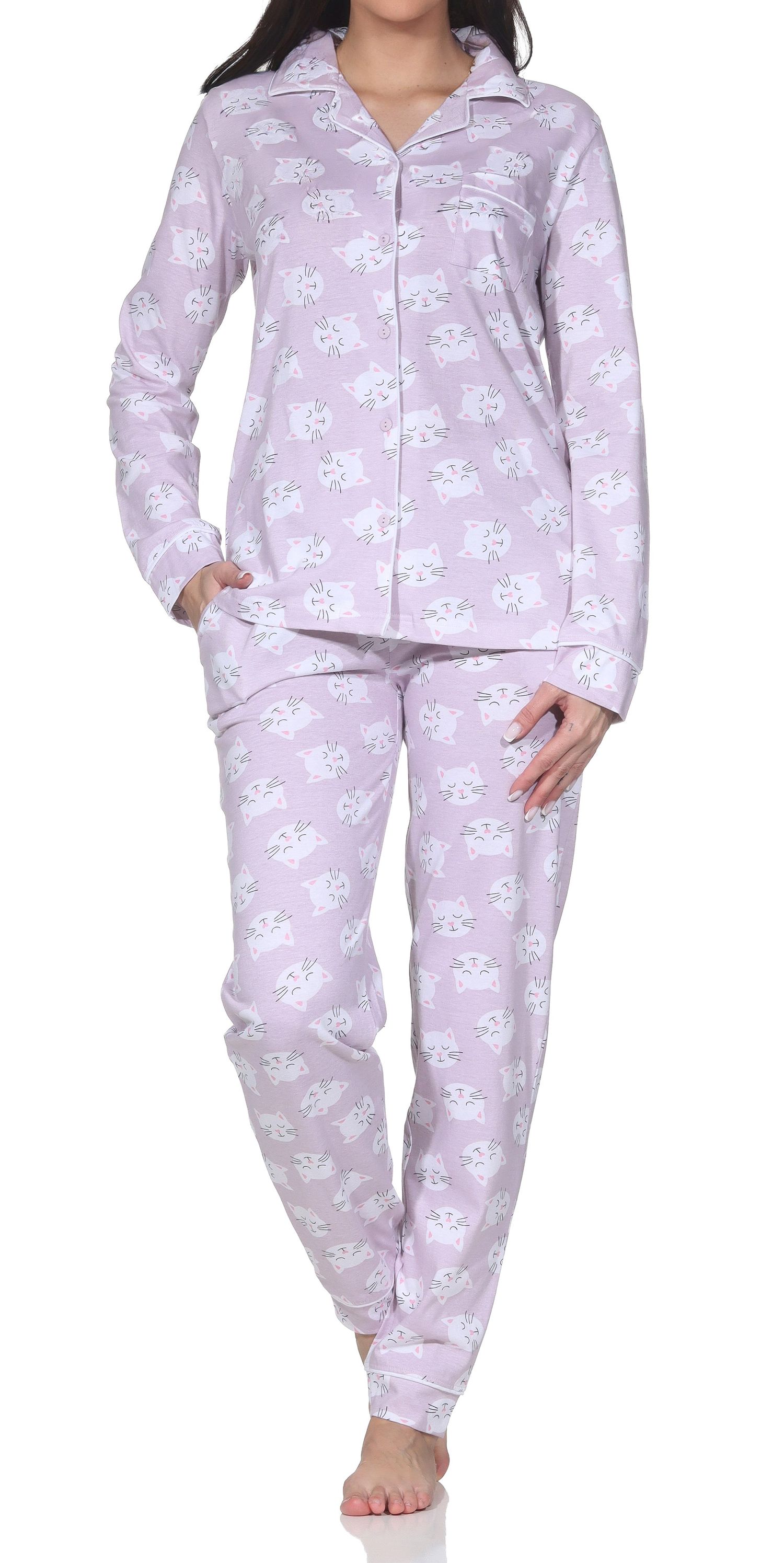 Normann Damen Jersey Pyjama langarm zum durchknöpfen mit Katzenmotiven - auch in Übergröße