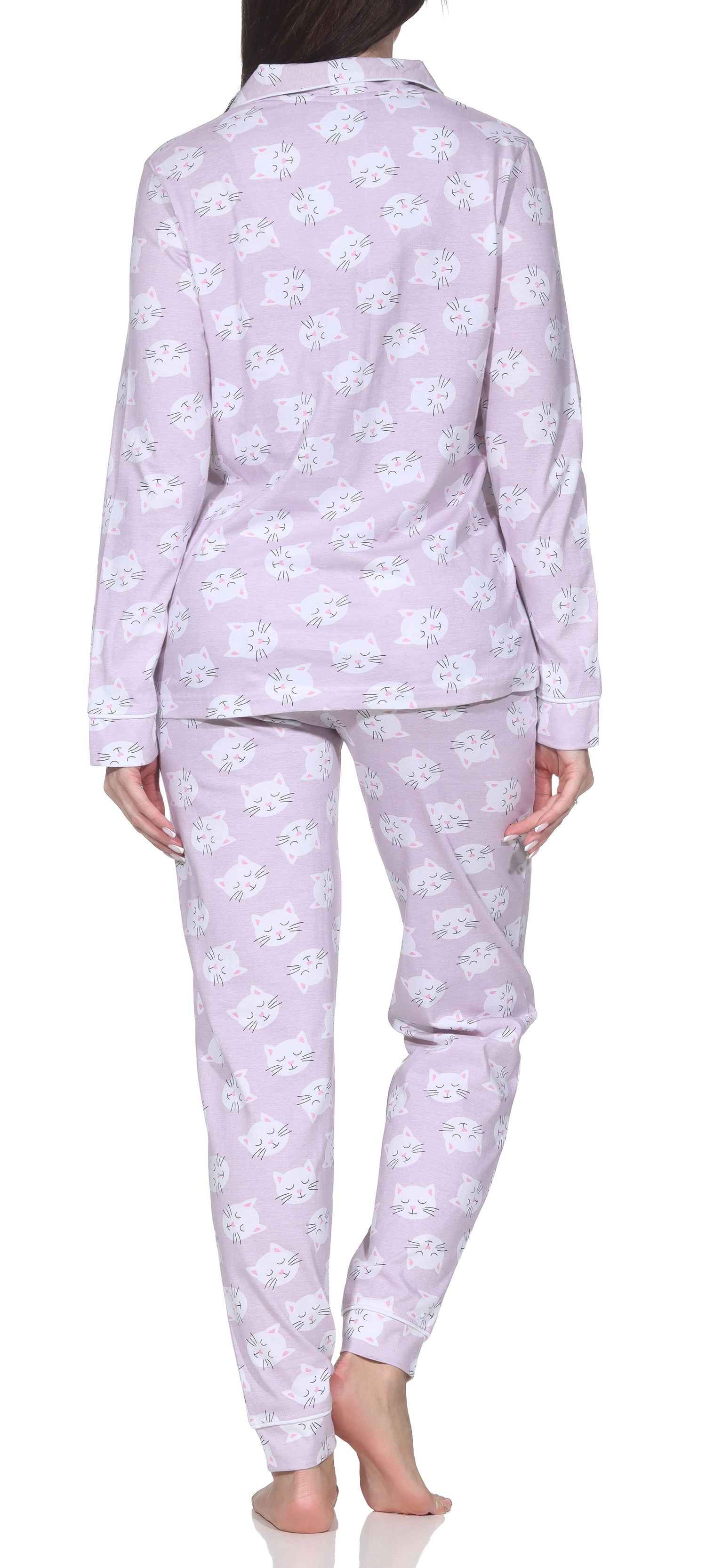 Normann Damen Jersey Pyjama langarm zum durchknöpfen mit Katzenmotiven - auch in Übergröße