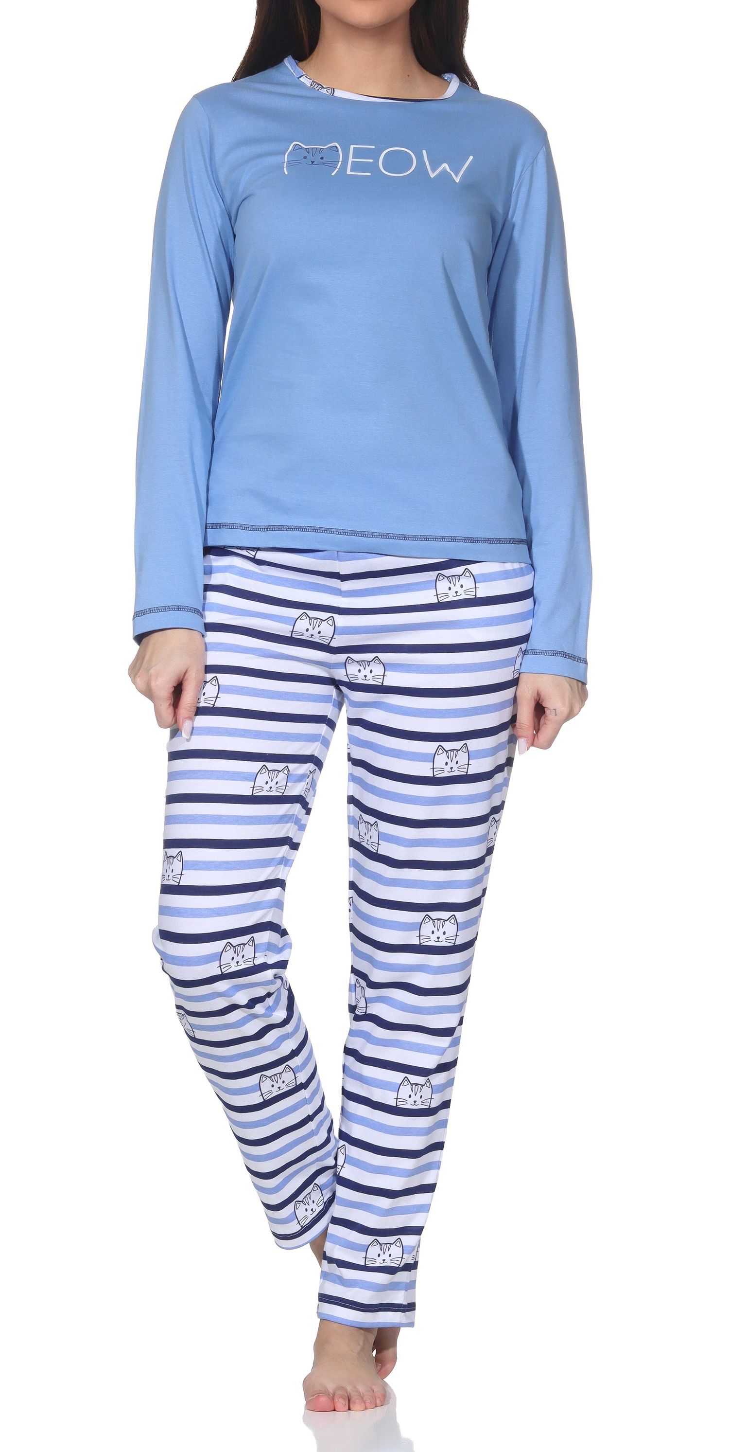 Normann Damen langarm Schlafanzug Pyjama in Katzen Optik – auch in Übergrößen verfügbar