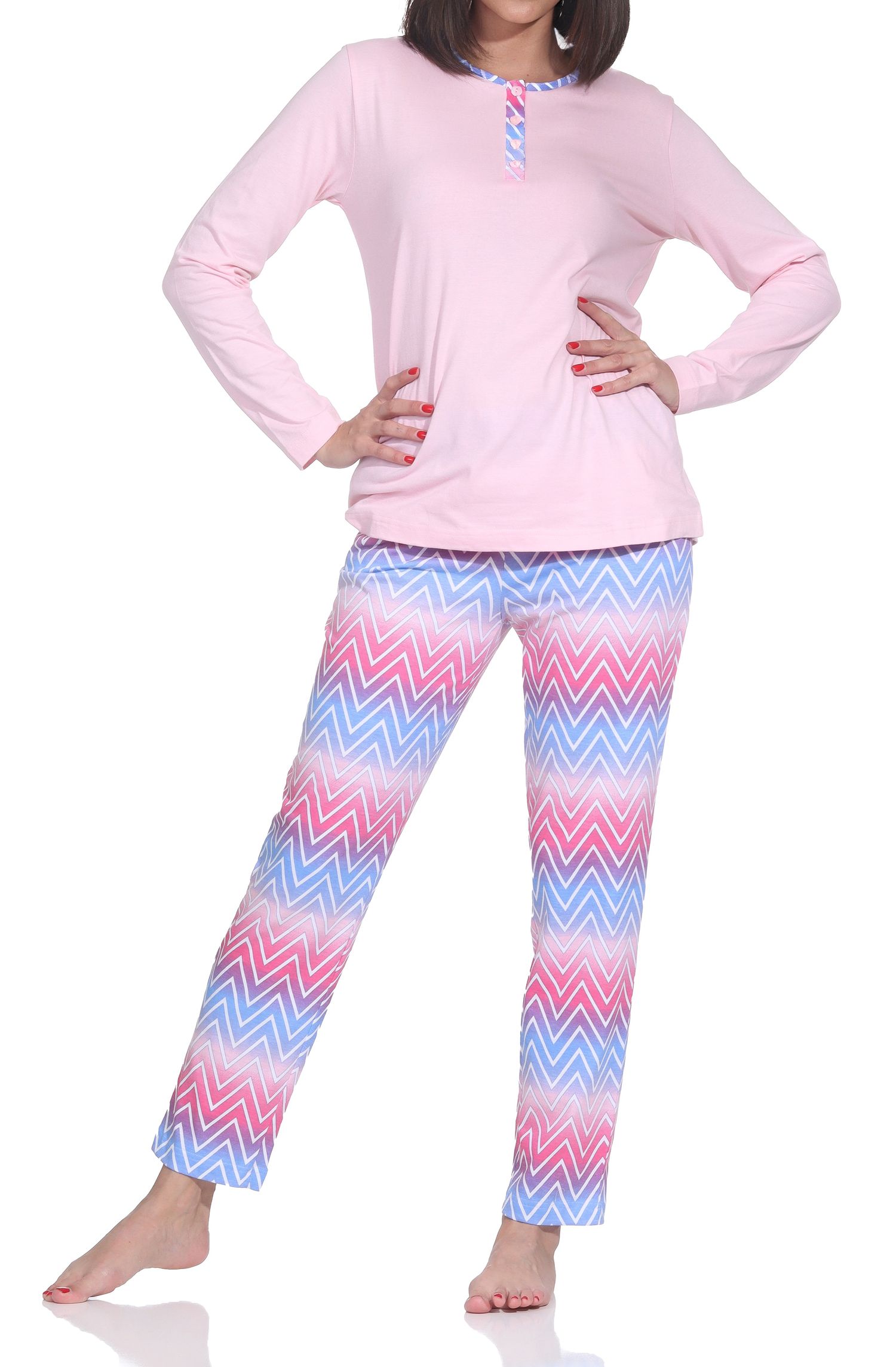 Normann Damen Capri-Pyjama kurzarm – Modernes Zick-Zack-Design – auch in Übergrößen
