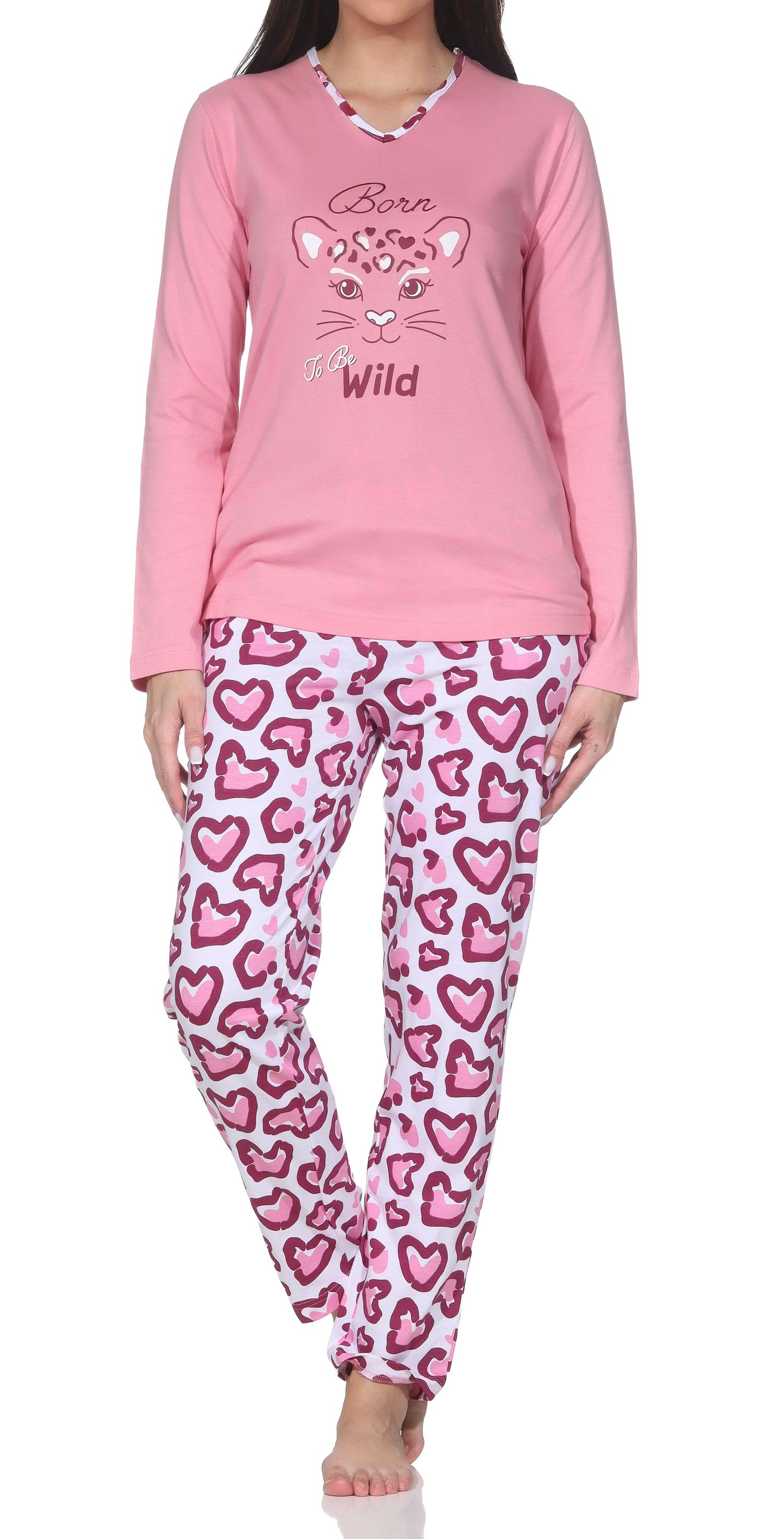 Normann Damen Schlafanzug langarm Pyjama mit Animal Print Motiv – auch in Übergrößen