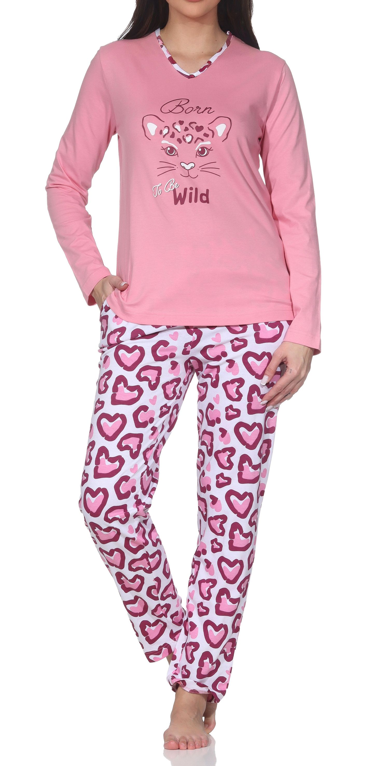Normann Damen Schlafanzug langarm Pyjama mit Animal Print Motiv – auch in Übergrößen