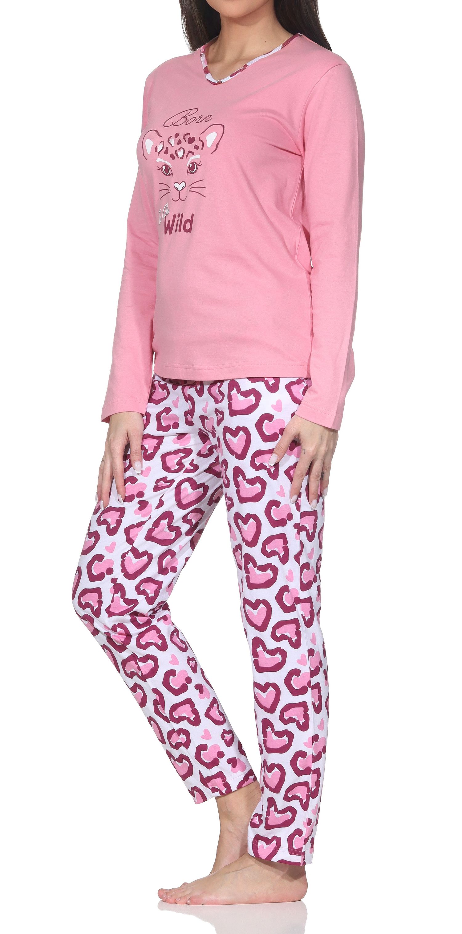 Normann Damen Schlafanzug langarm Pyjama mit Animal Print Motiv – auch in Übergrößen