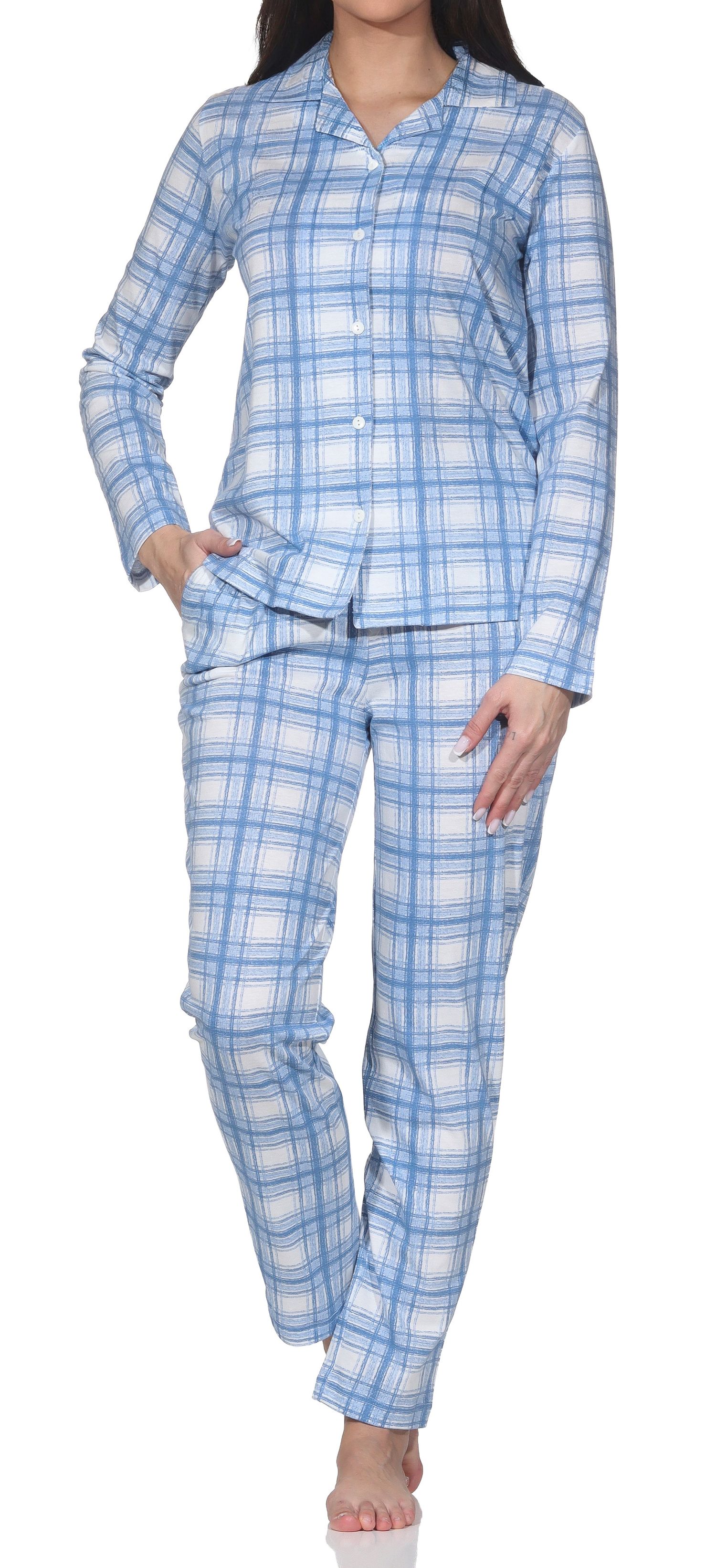 Normann Damen Jersey Pyjama langarm zum durchknöpfen in Karo Optik - auch in Übergrößen