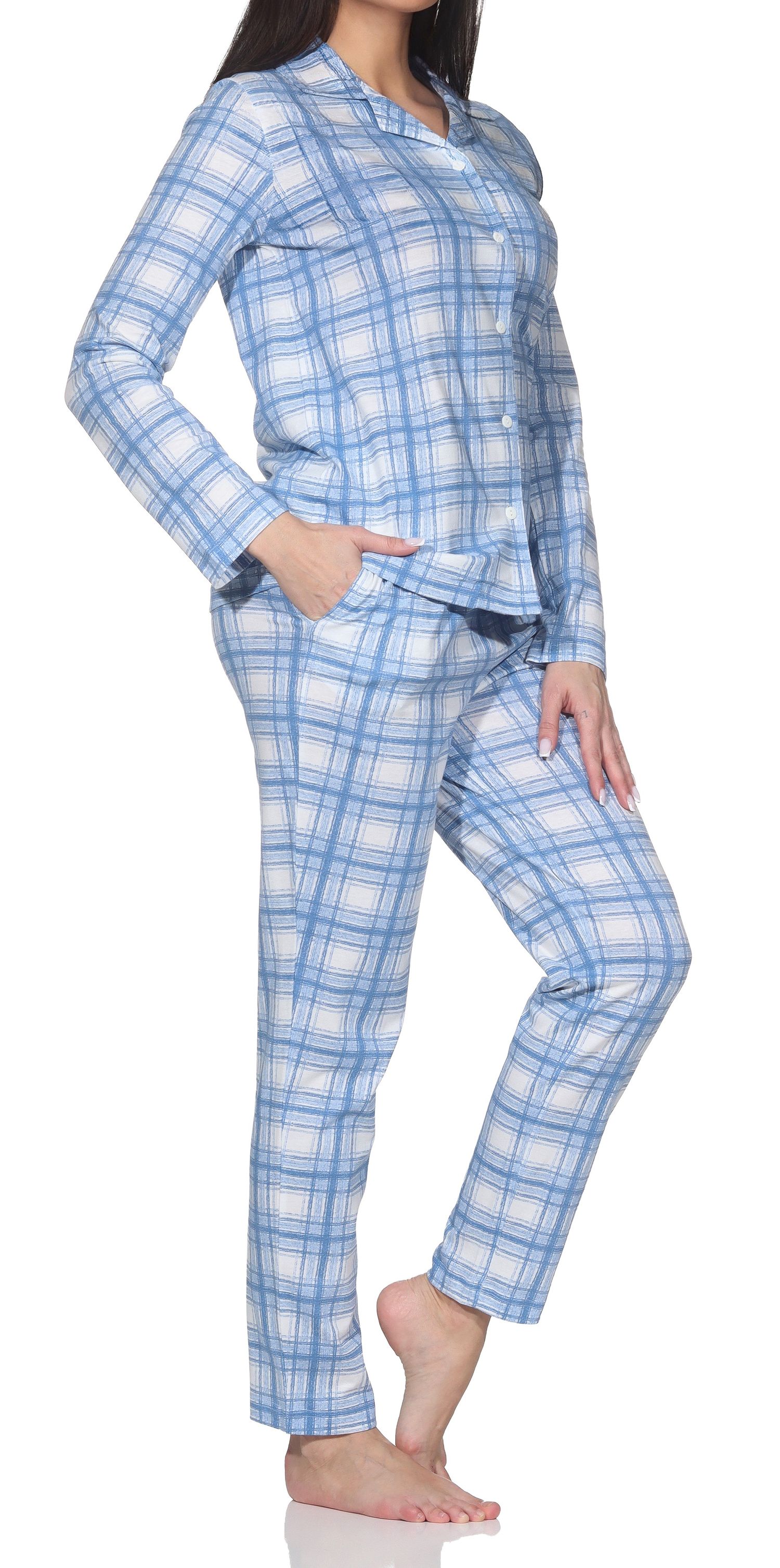 Normann Damen Jersey Pyjama langarm zum durchknöpfen in Karo Optik - auch in Übergrößen