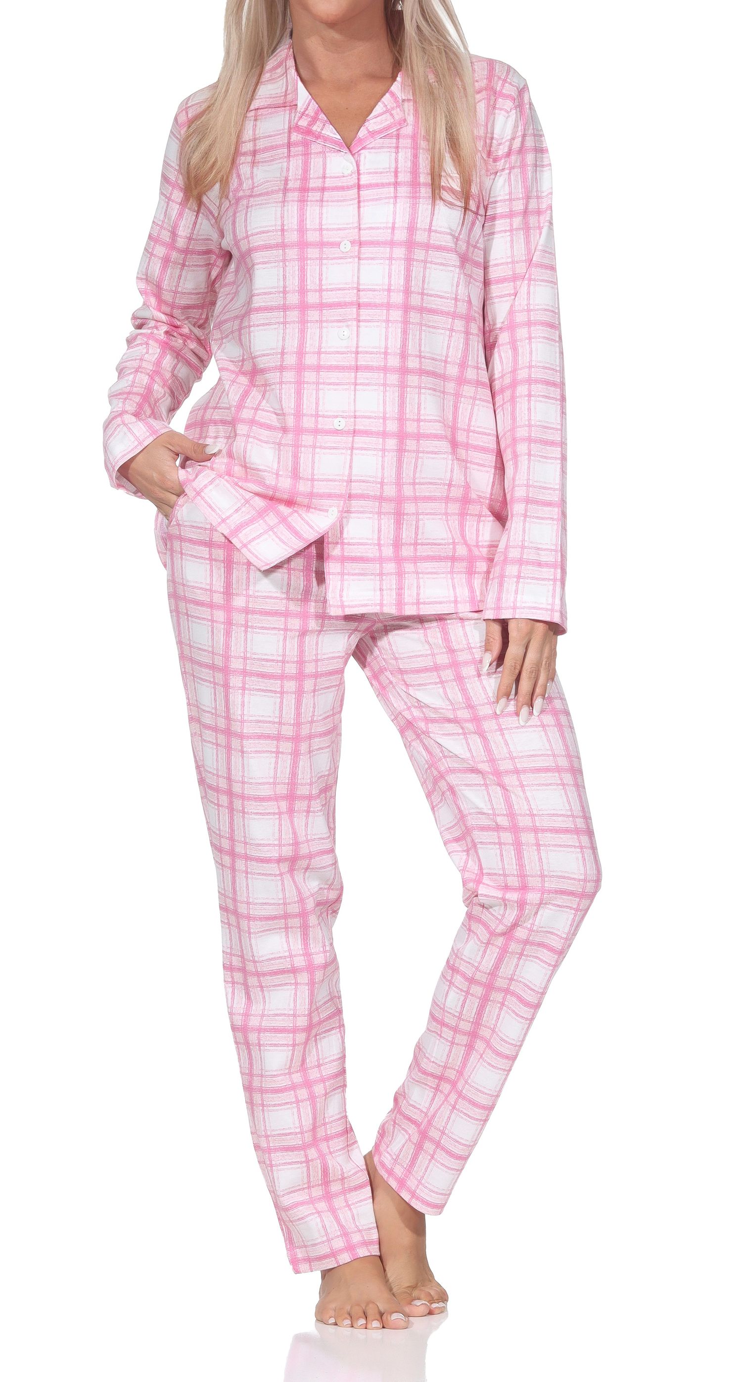 Normann Damen Jersey Pyjama langarm zum durchknöpfen in Karo Optik - auch in Übergrößen