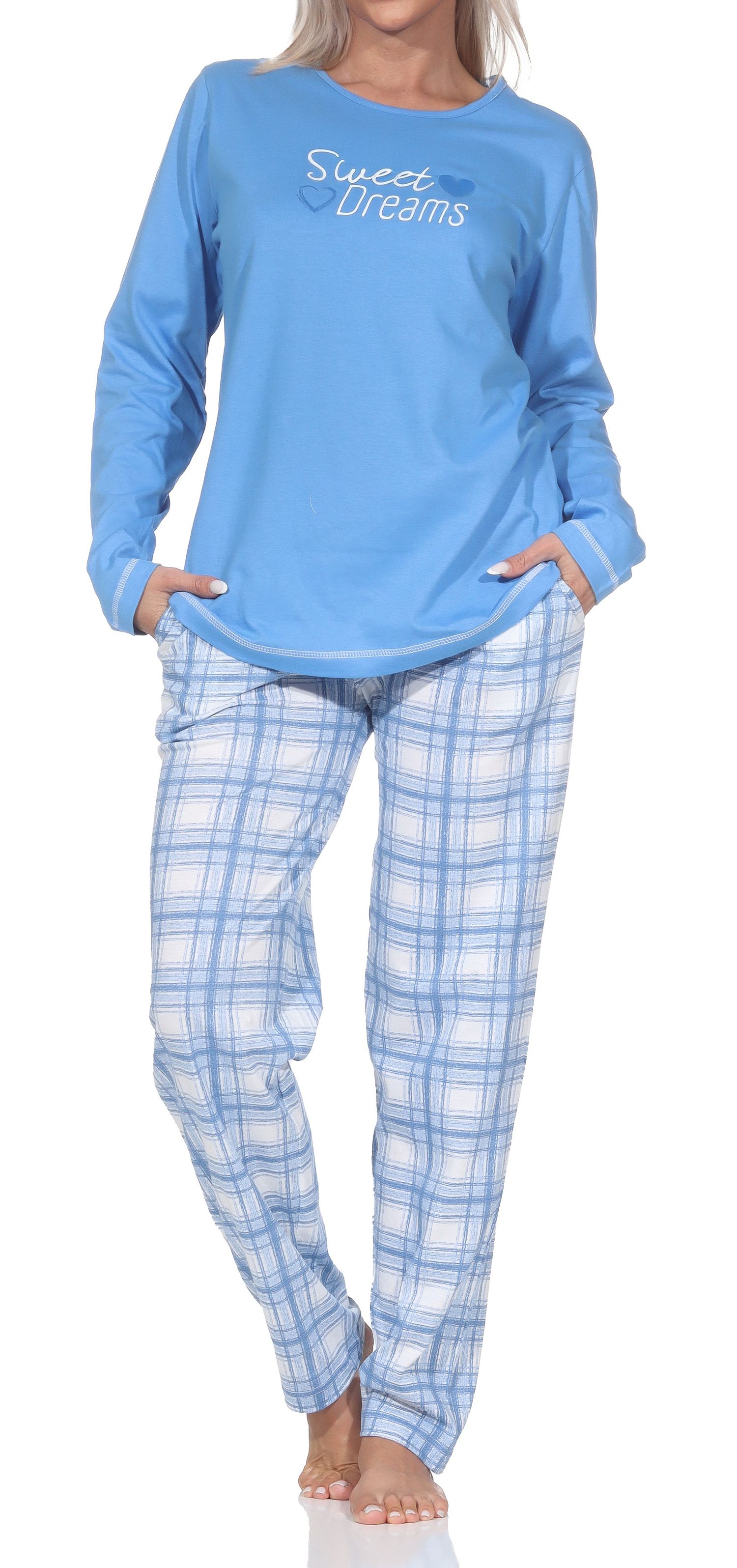 Normann Damen Schlafanzug mit karierter Pyjama-Hose aus Single Jersey - auch in Übergröße