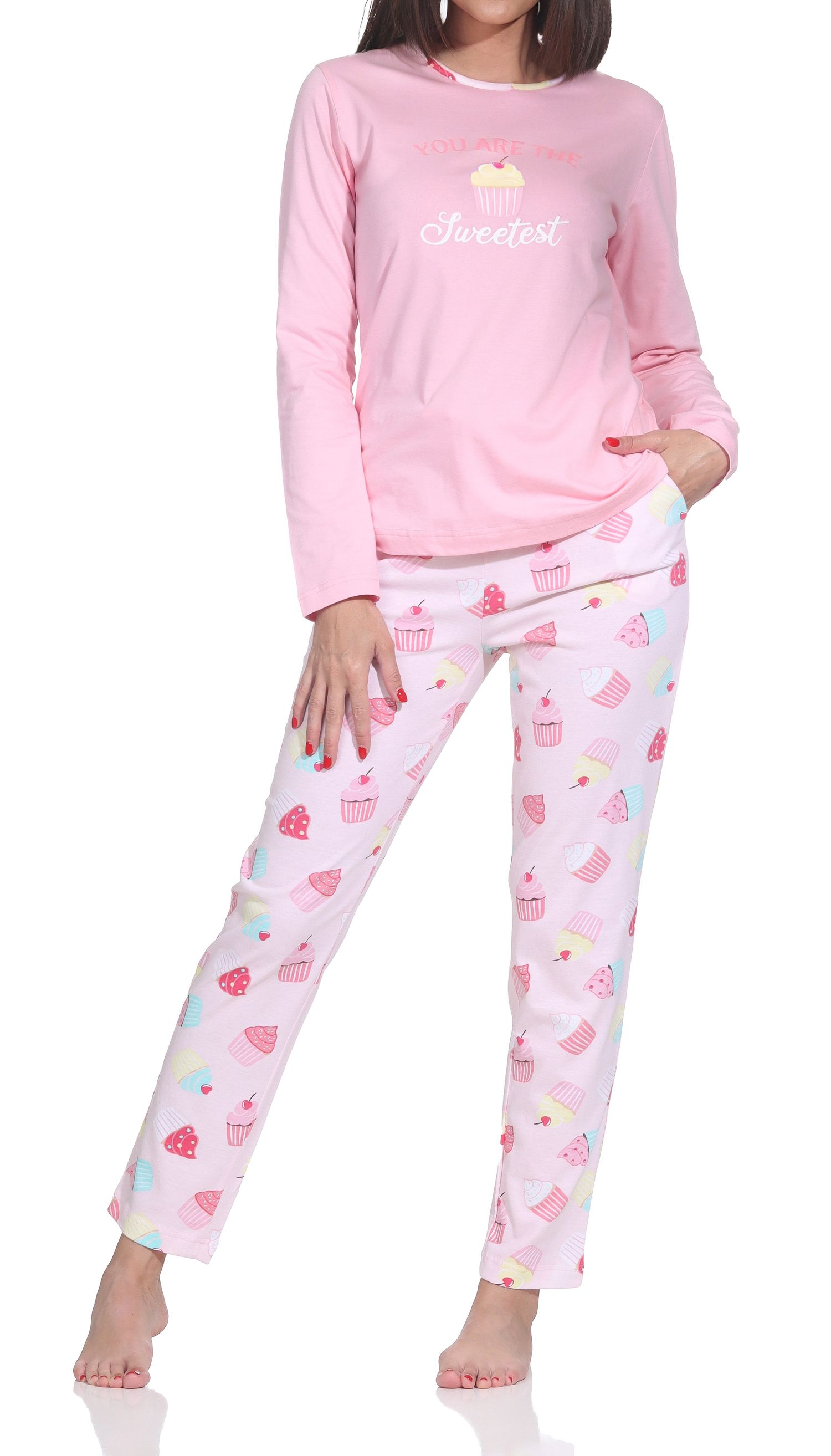 Normann Damen Schlafanzug lang – Süßes Cupcake-Motiv – auch in Übergrößen