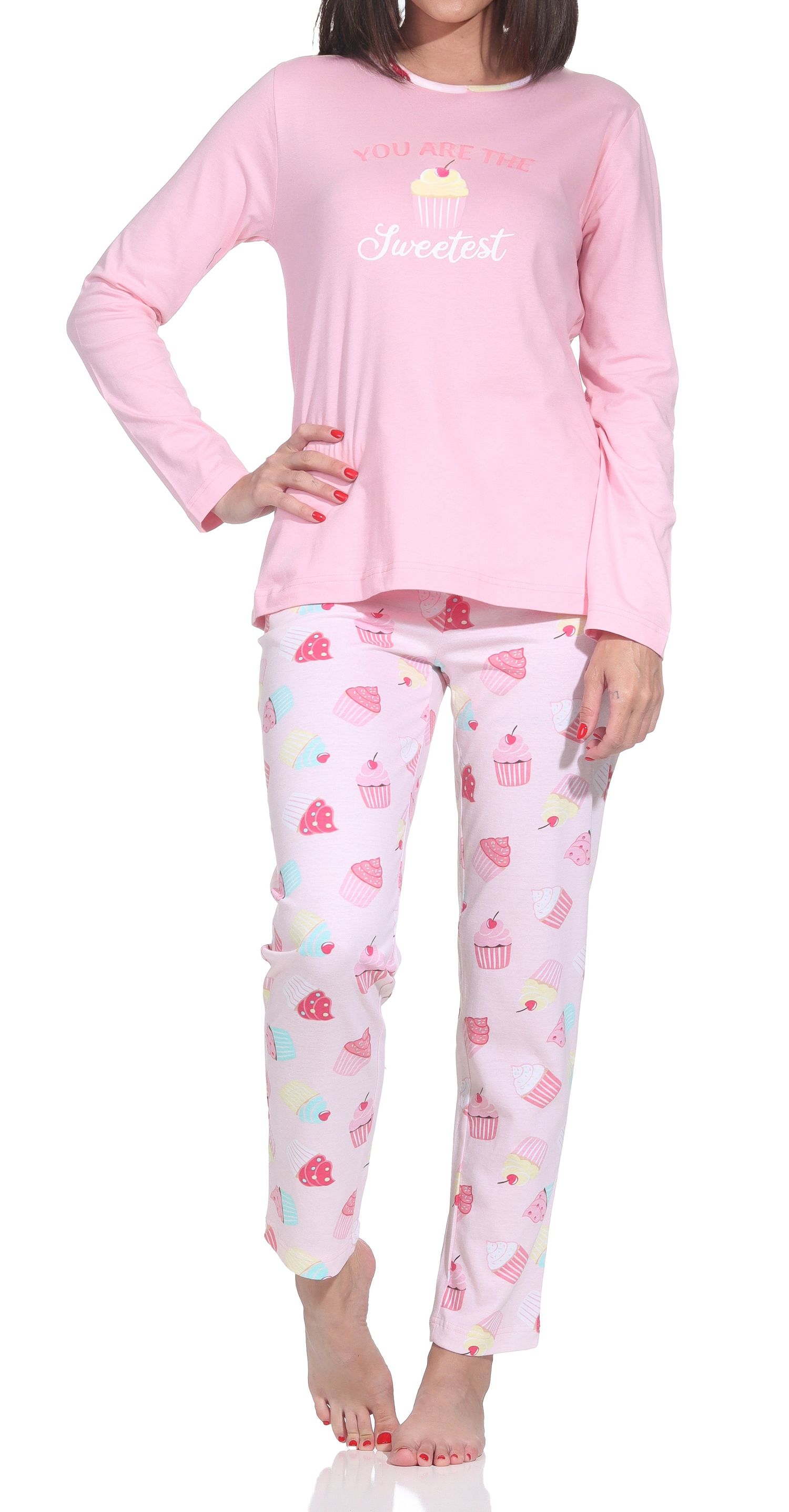 Normann Damen Schlafanzug lang – Süßes Cupcake-Motiv – auch in Übergrößen