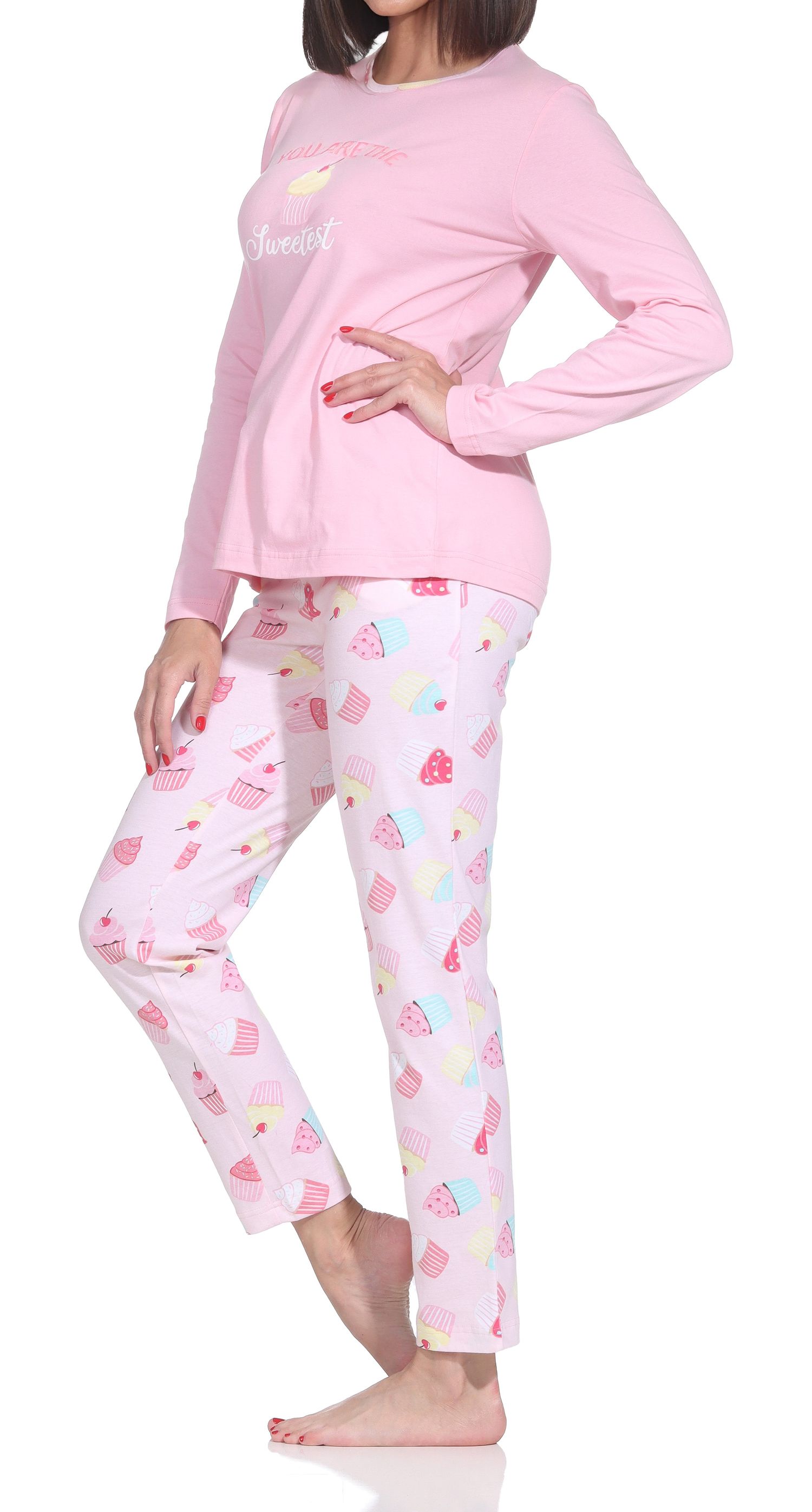 Normann Damen Schlafanzug lang – Süßes Cupcake-Motiv – auch in Übergrößen