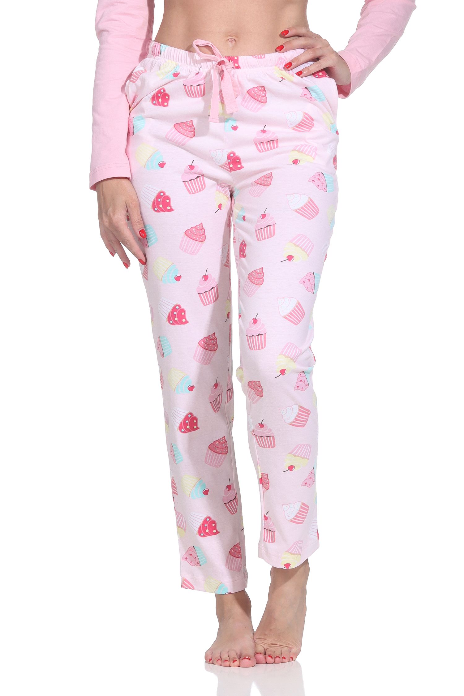 Normann Damen Schlafanzug lang – Süßes Cupcake-Motiv – auch in Übergrößen