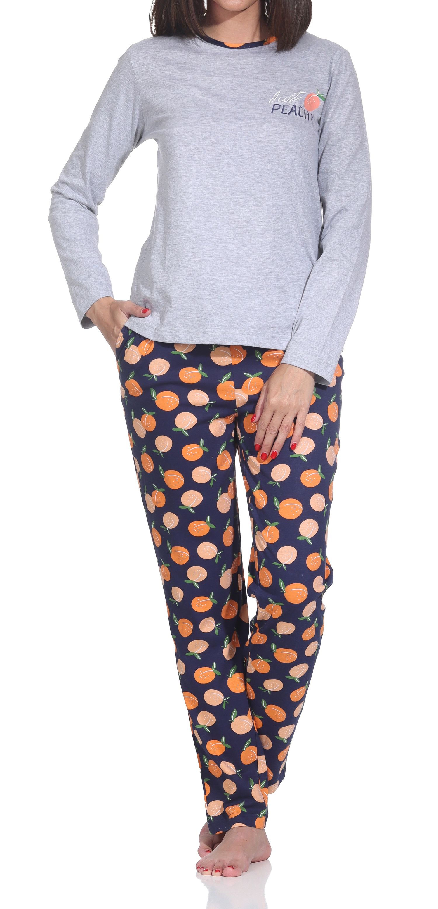 Normann Damen Pyjama langarm Schlafanzug – „Peachy“ Design – Soft-Jersey Komfort