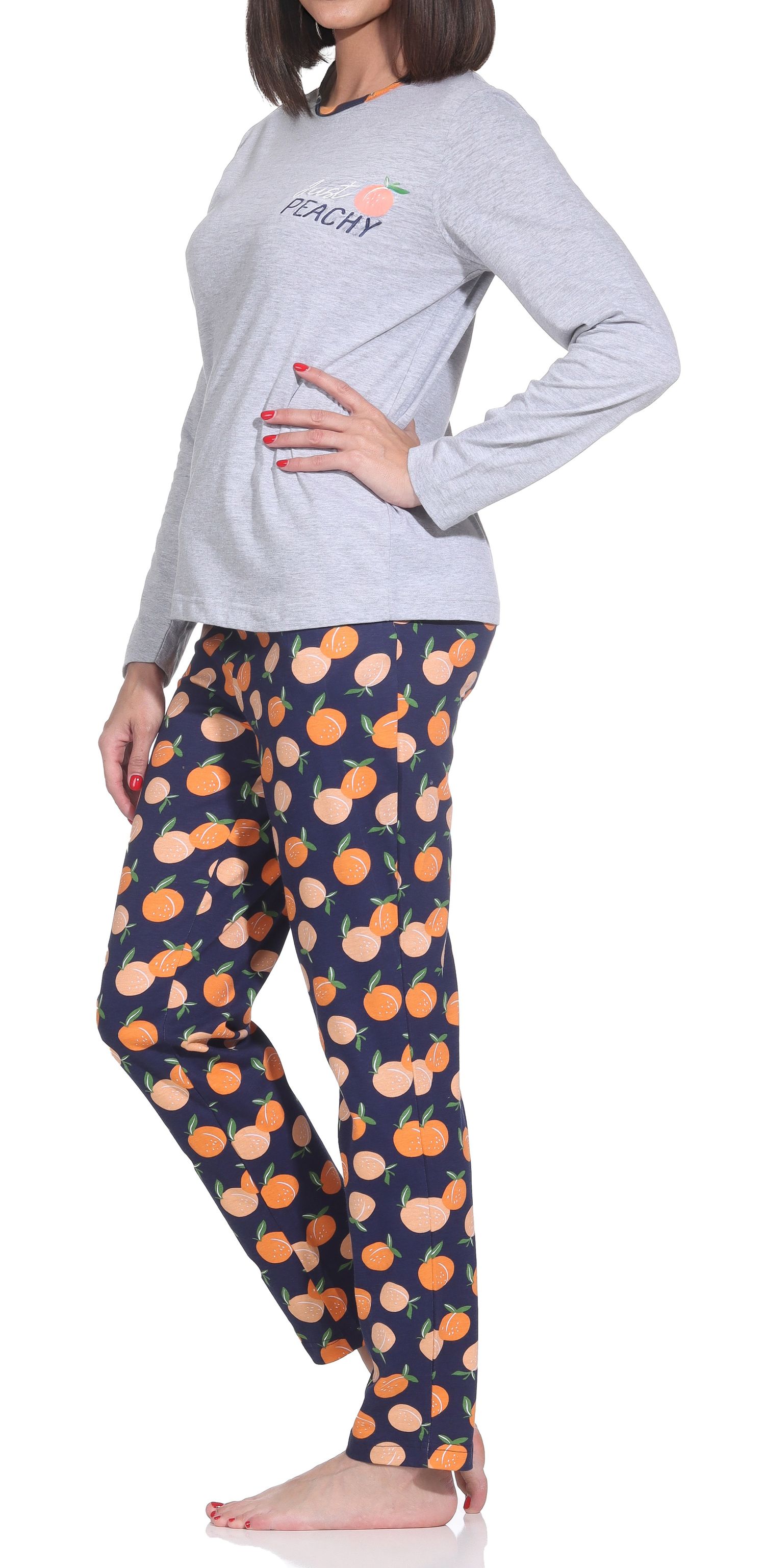 Normann Damen Pyjama langarm Schlafanzug – „Peachy“ Design – Soft-Jersey Komfort