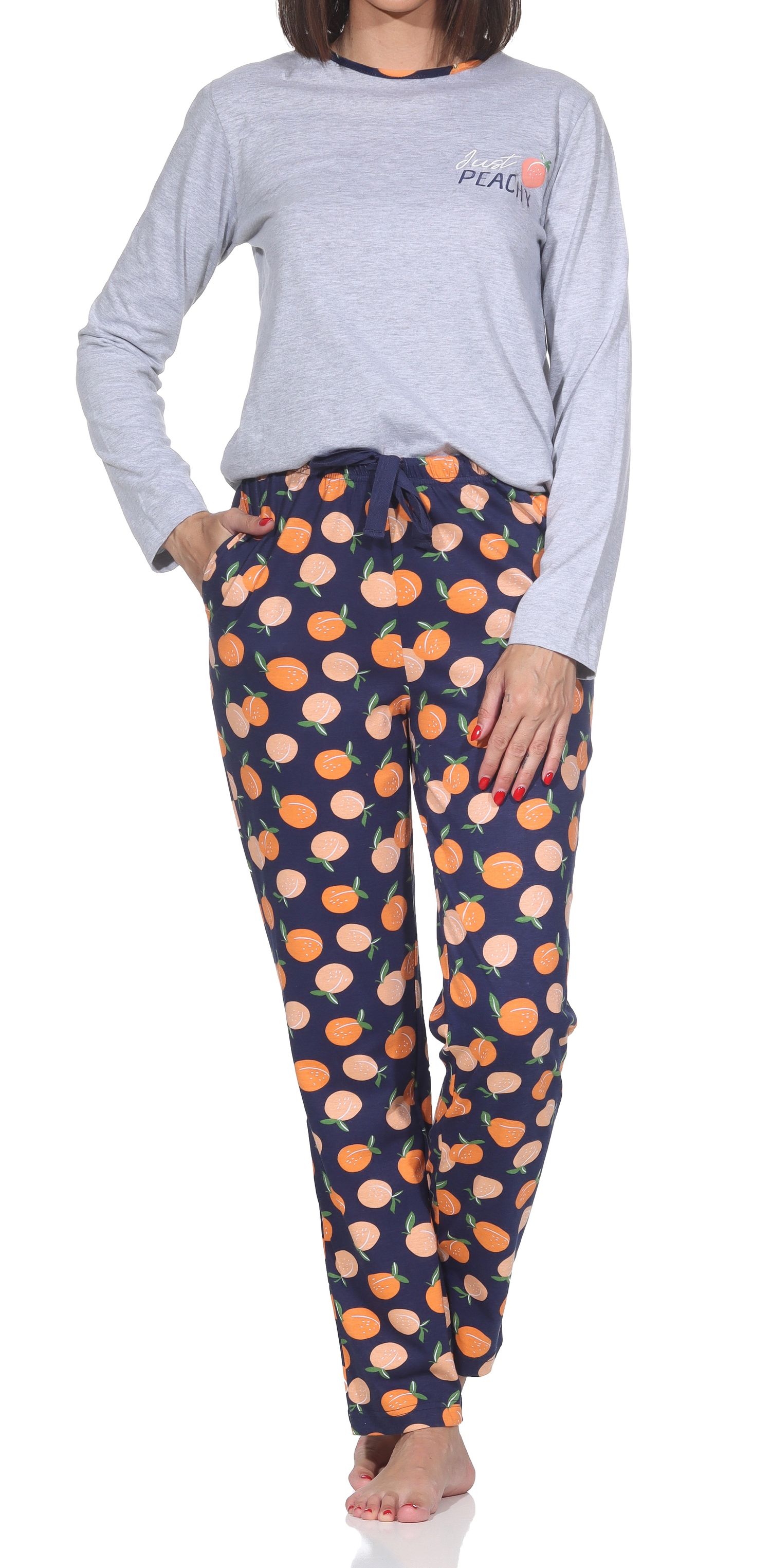 Normann Damen Pyjama langarm Schlafanzug – „Peachy“ Design – Soft-Jersey Komfort