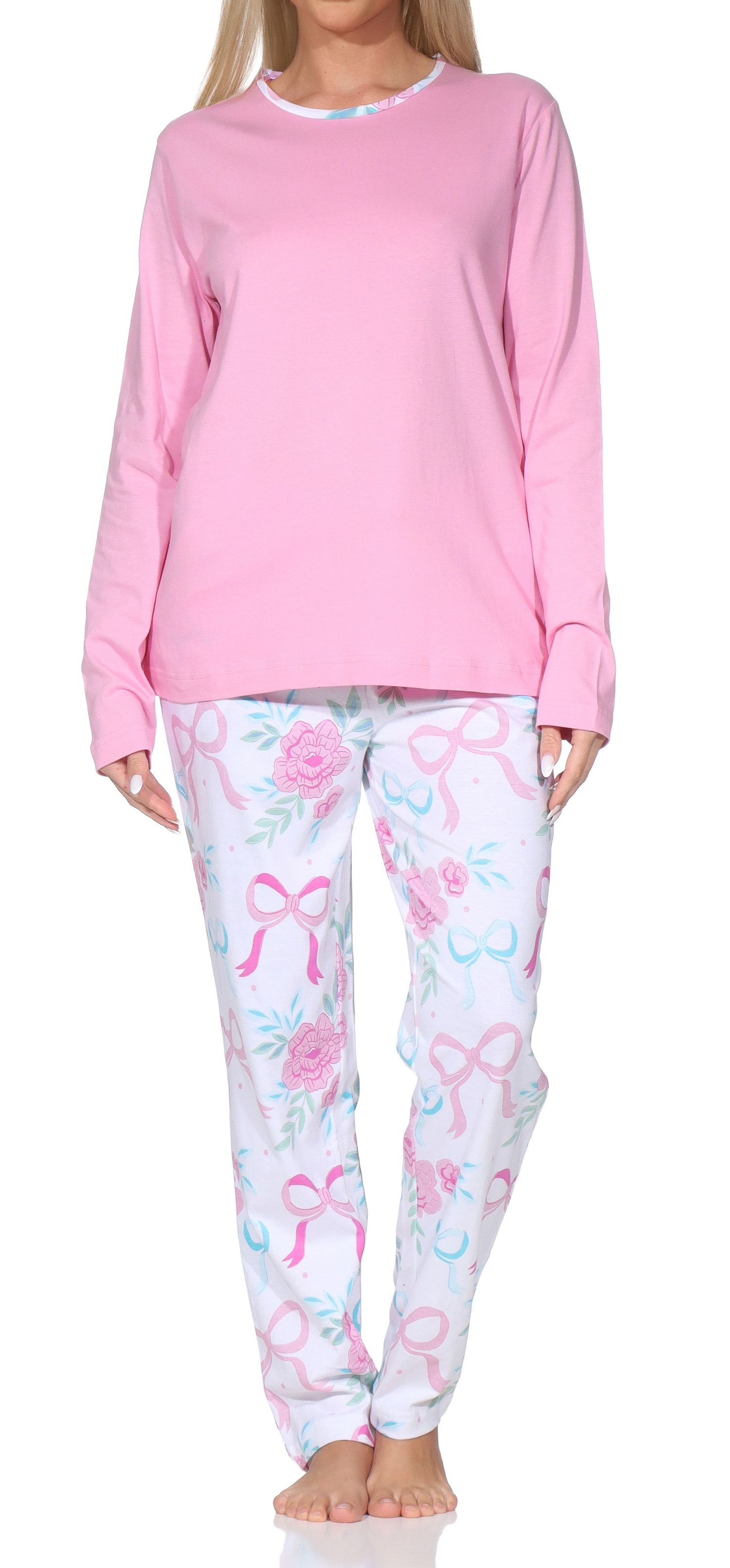 Normann Damen Pyjama langarm Schlafanzug – Romantisches Schleifen-Rosen-Design
