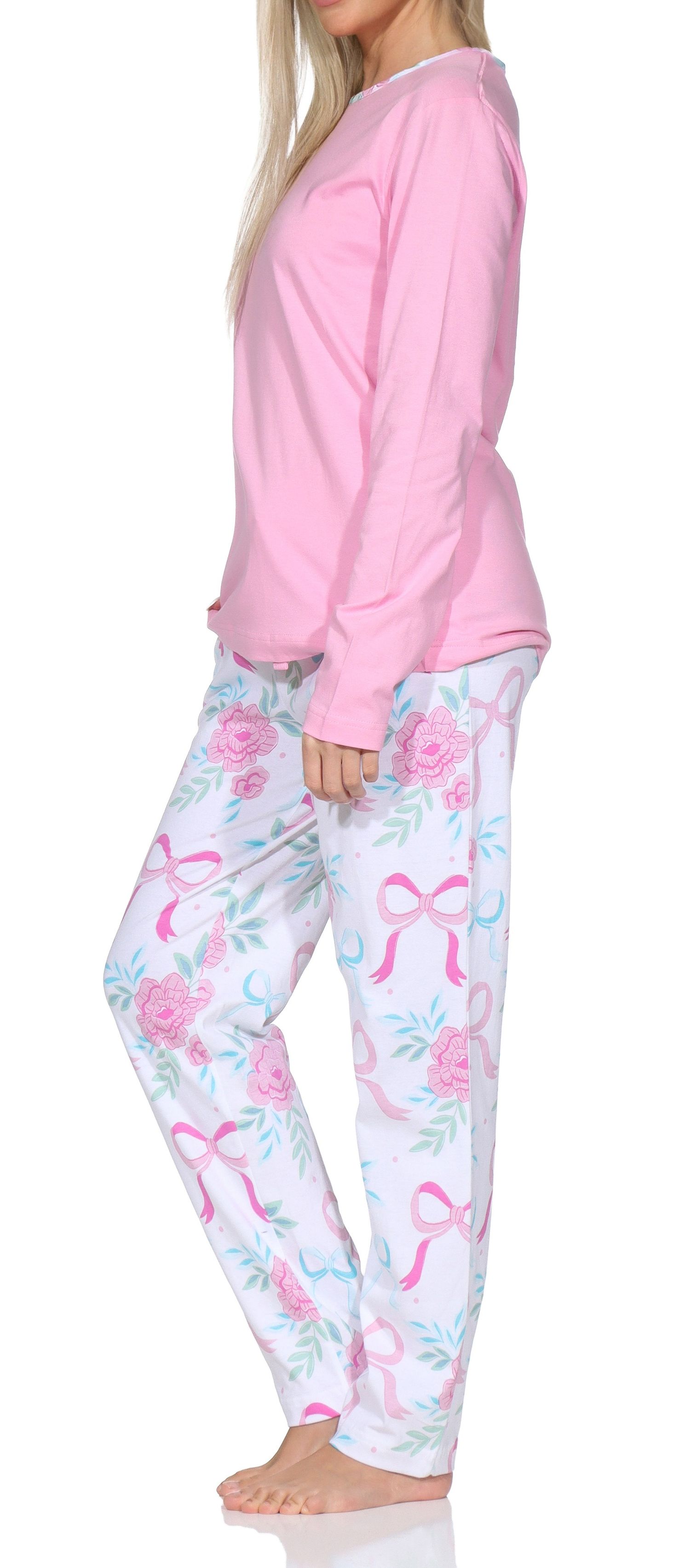 Normann Damen Pyjama langarm Schlafanzug – Romantisches Schleifen-Rosen-Design