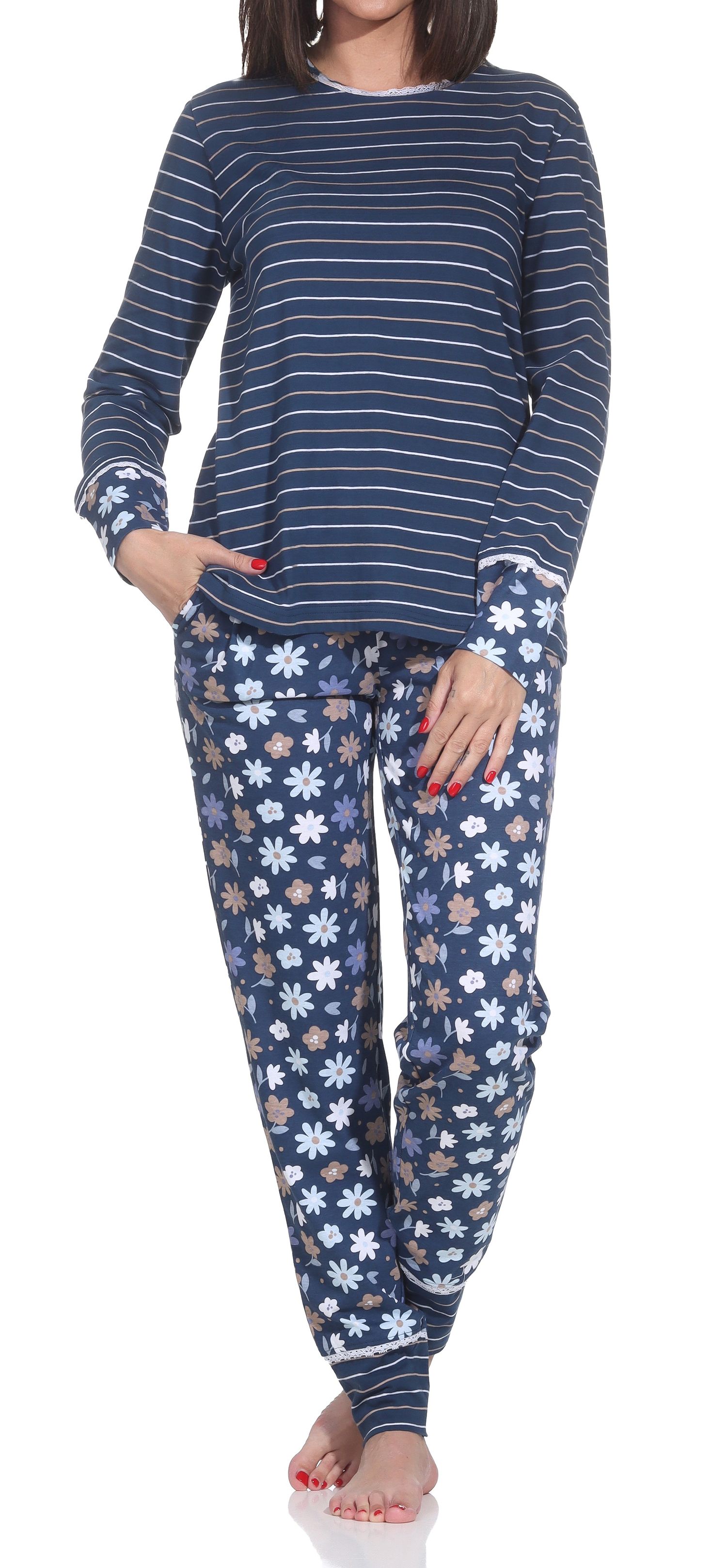 Normann Damen Schlafanzug lang mit Bündchen, Oberteil Streifenoptik – auch in Übergrößen