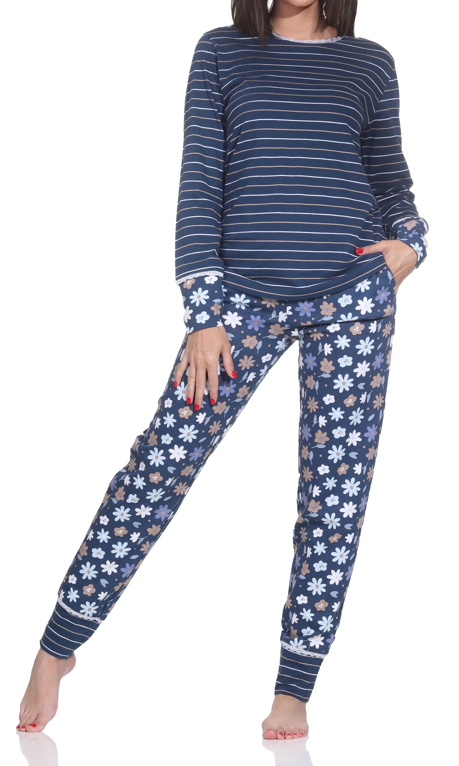 Normann Damen Schlafanzug lang mit Bündchen, Oberteil Streifenoptik – auch in Übergrößen