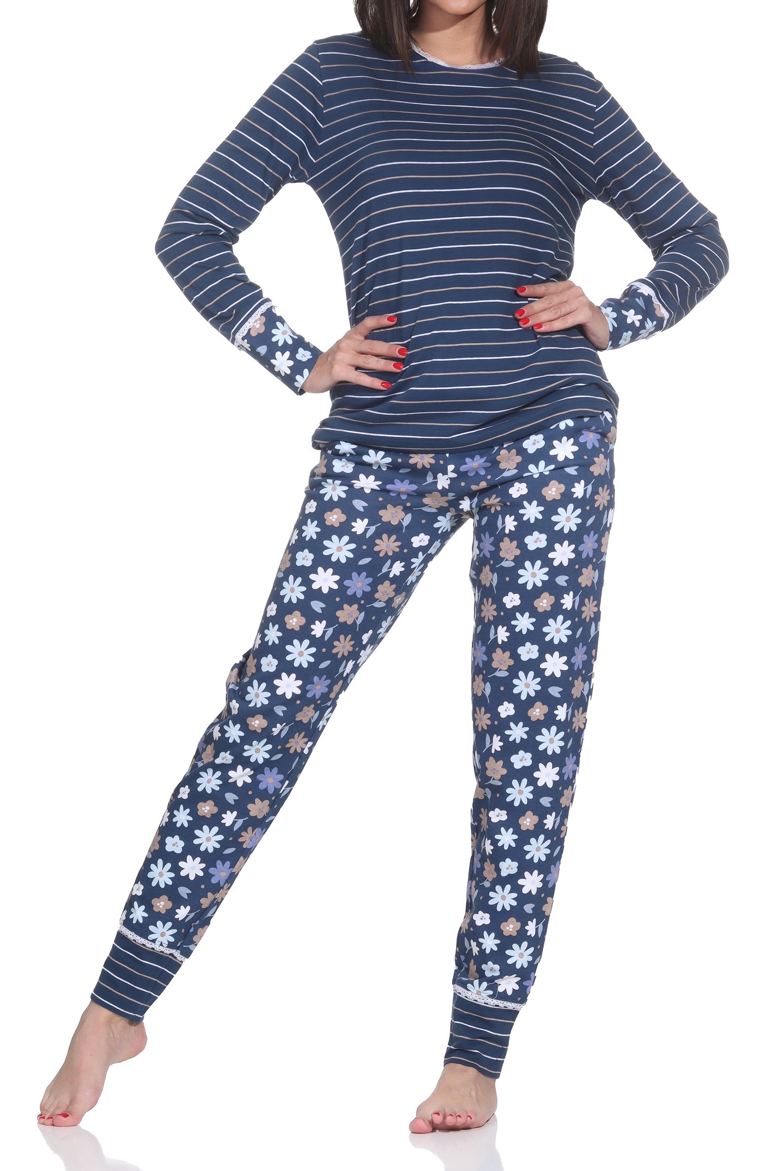 Normann Damen Schlafanzug lang mit Bündchen, Oberteil Streifenoptik – auch in Übergrößen
