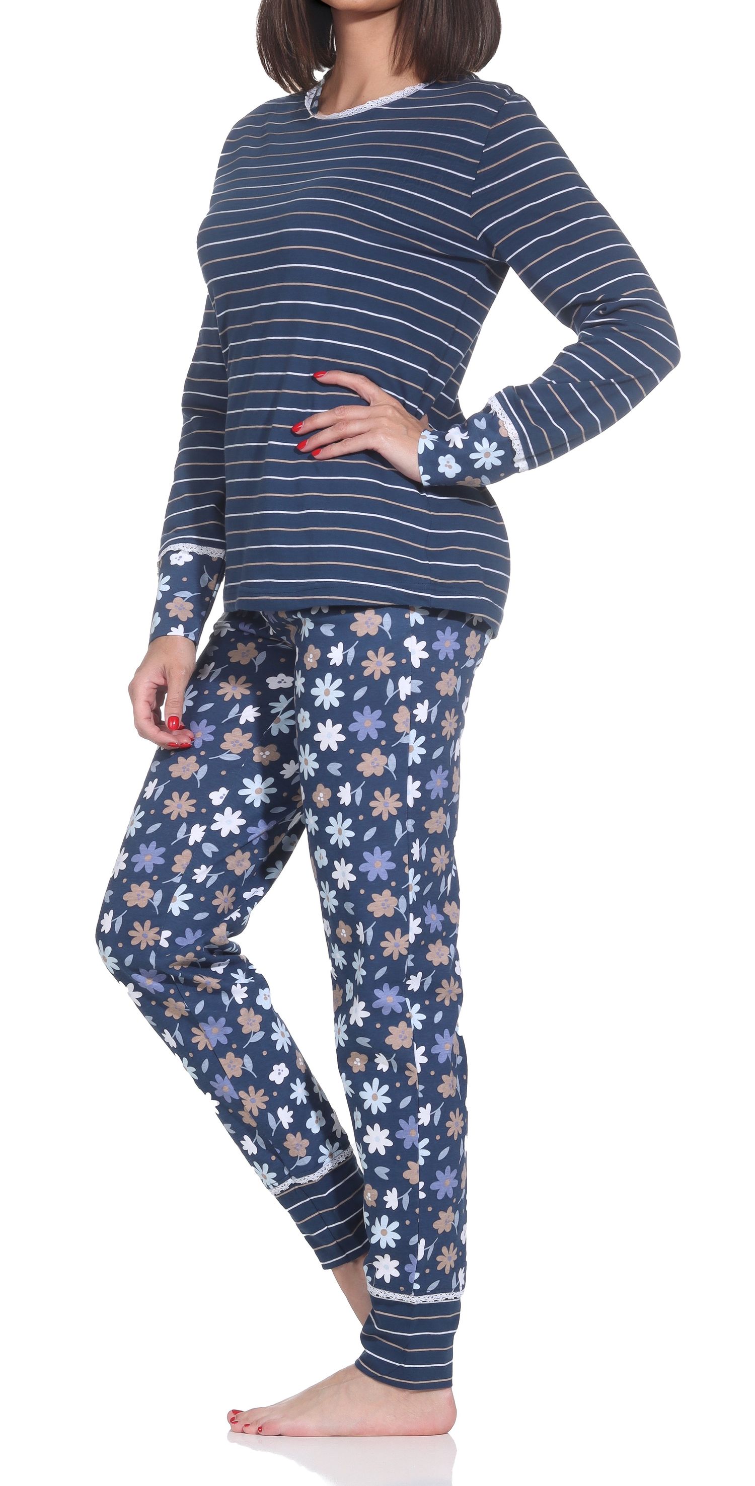 Normann Damen Schlafanzug lang mit Bündchen, Oberteil Streifenoptik – auch in Übergrößen