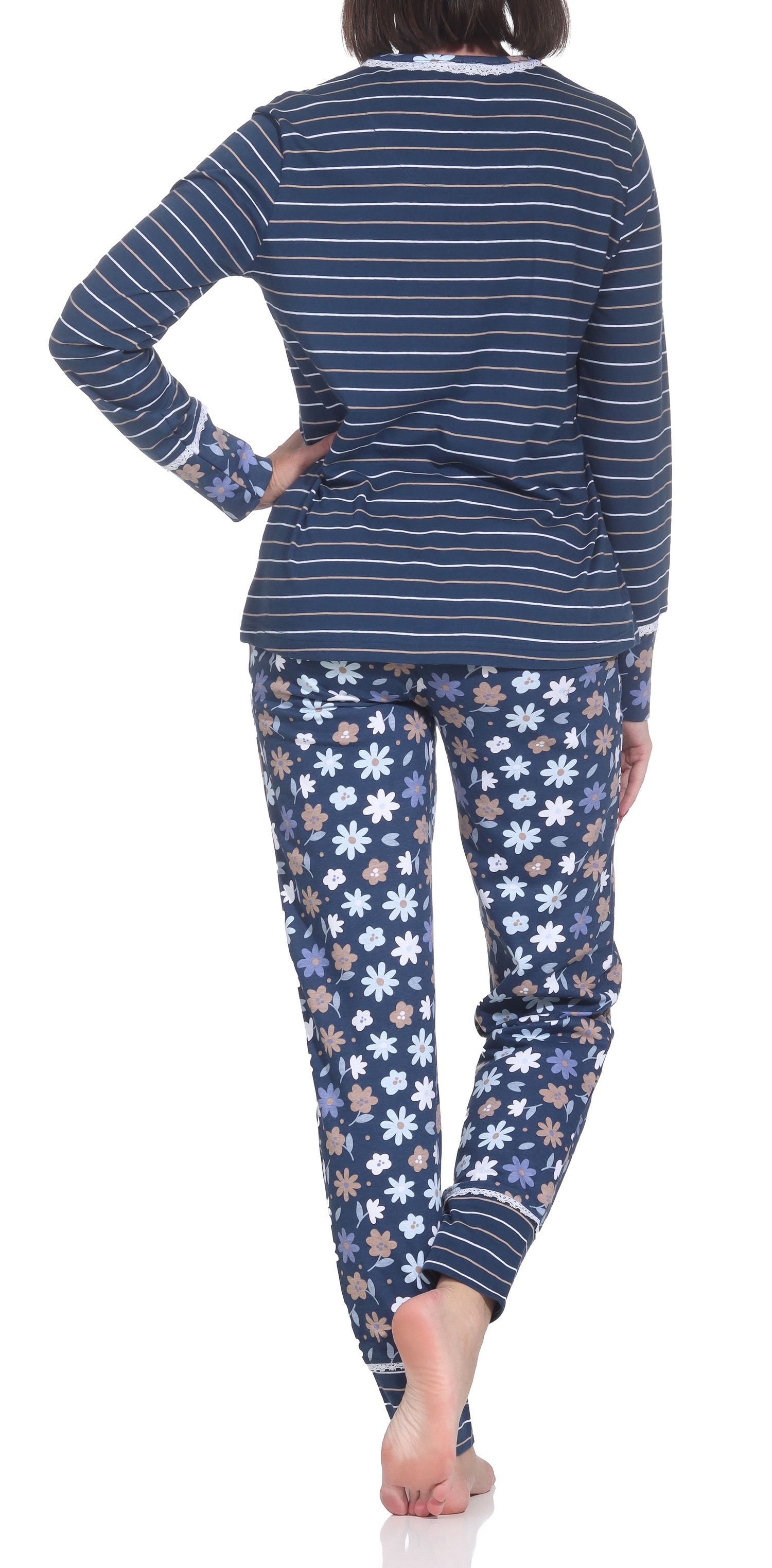 Normann Damen Schlafanzug lang mit Bündchen, Oberteil Streifenoptik – auch in Übergrößen