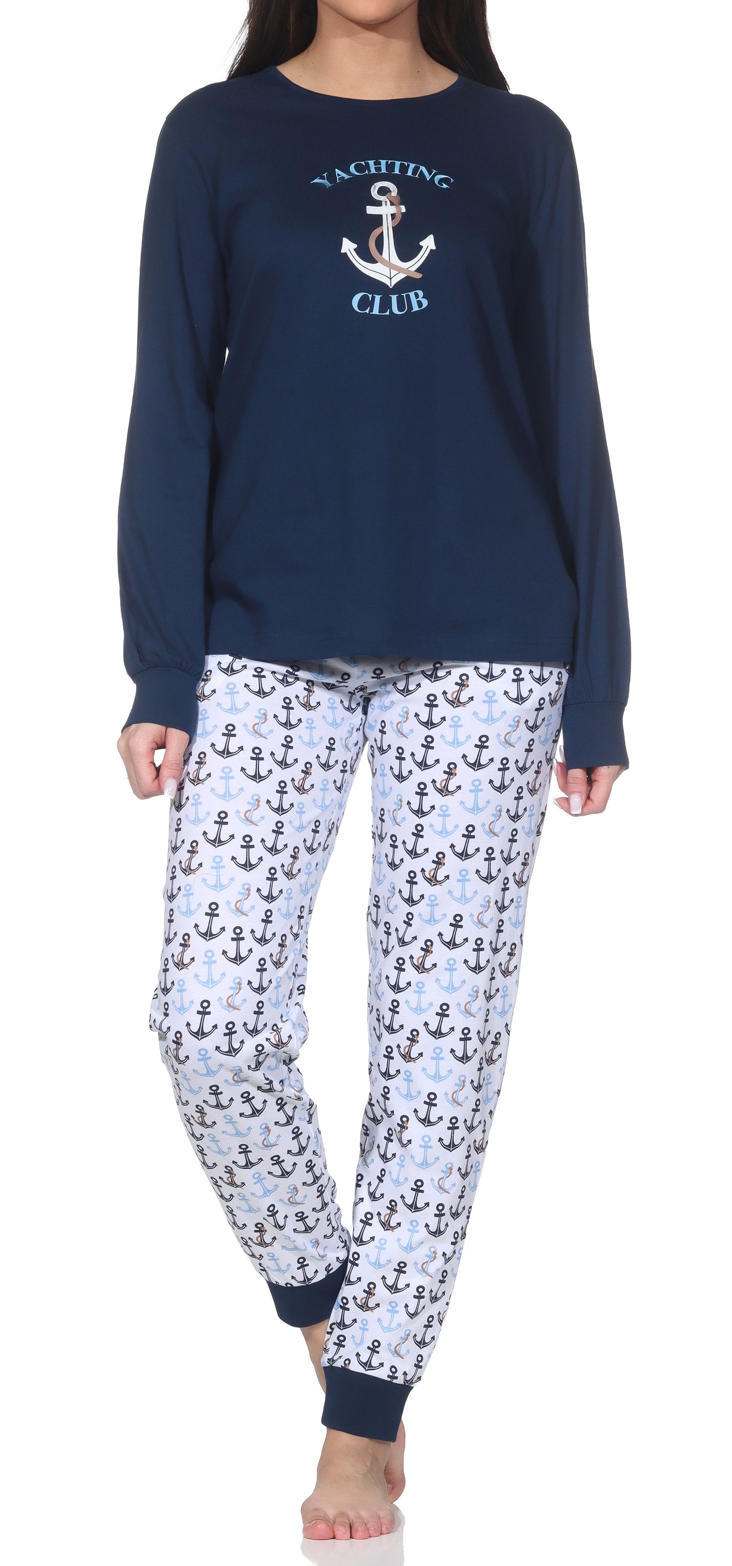 Normann Damen Schlafanzug lang mit Bündchen in maritimer Optik - auch in Übergröße