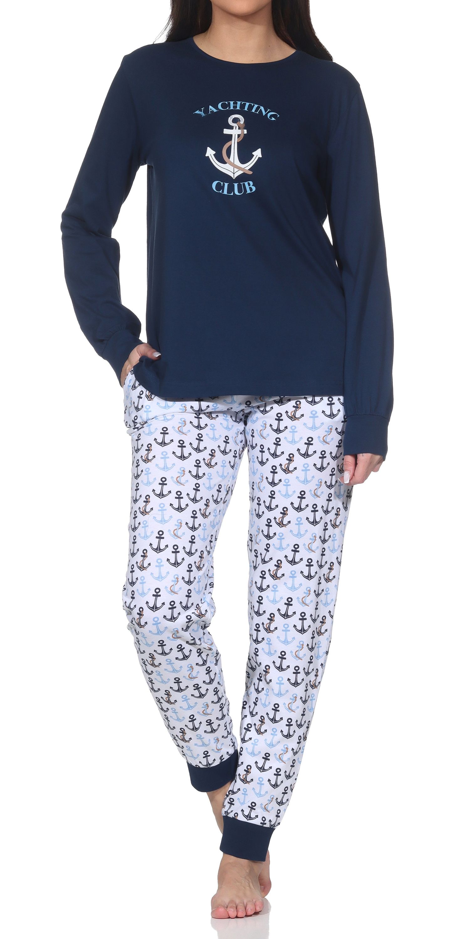 Normann Damen Schlafanzug lang mit Bündchen in maritimer Optik - auch in Übergröße