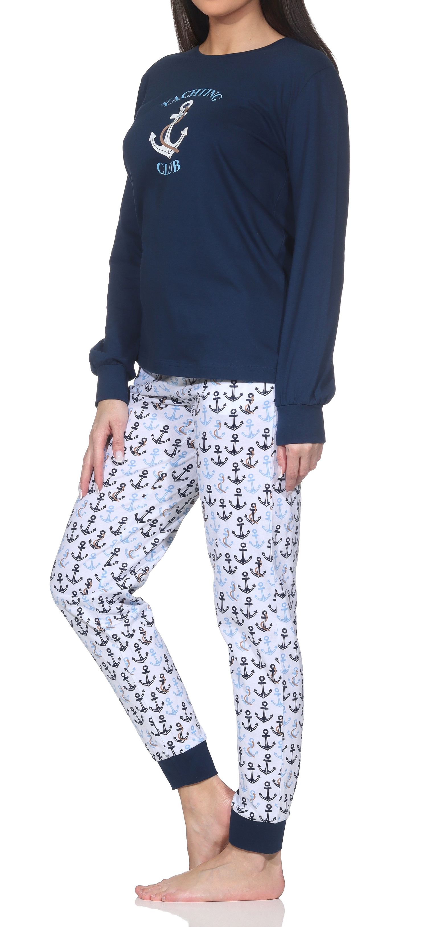 Normann Damen Schlafanzug lang mit Bündchen in maritimer Optik - auch in Übergröße