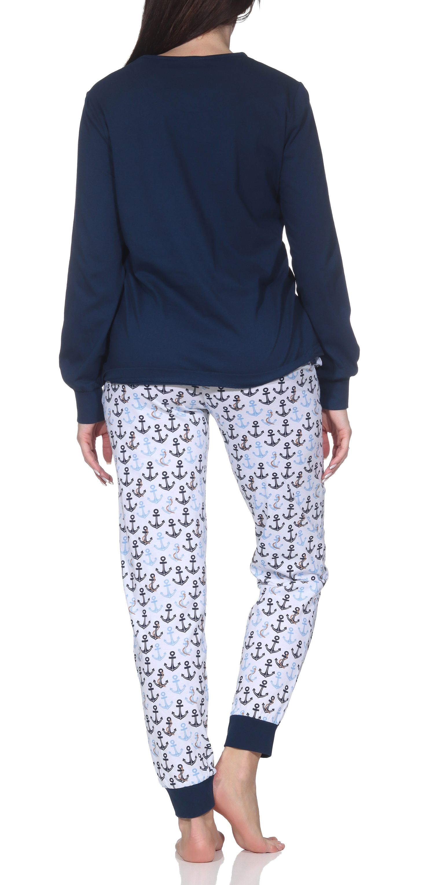Normann Damen Schlafanzug lang mit Bündchen in maritimer Optik - auch in Übergröße