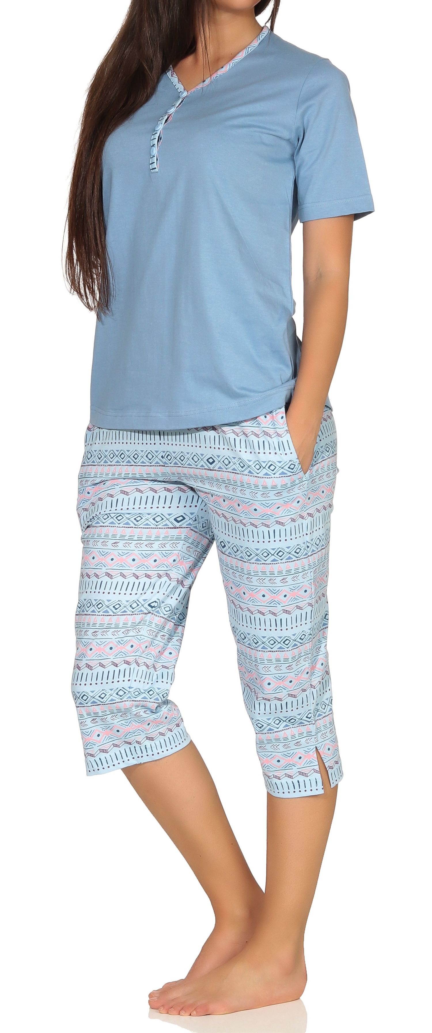Normann Damen kurzarm Capri Schlafanzug Pyjama im Ethnolook - auch in Übergrössen