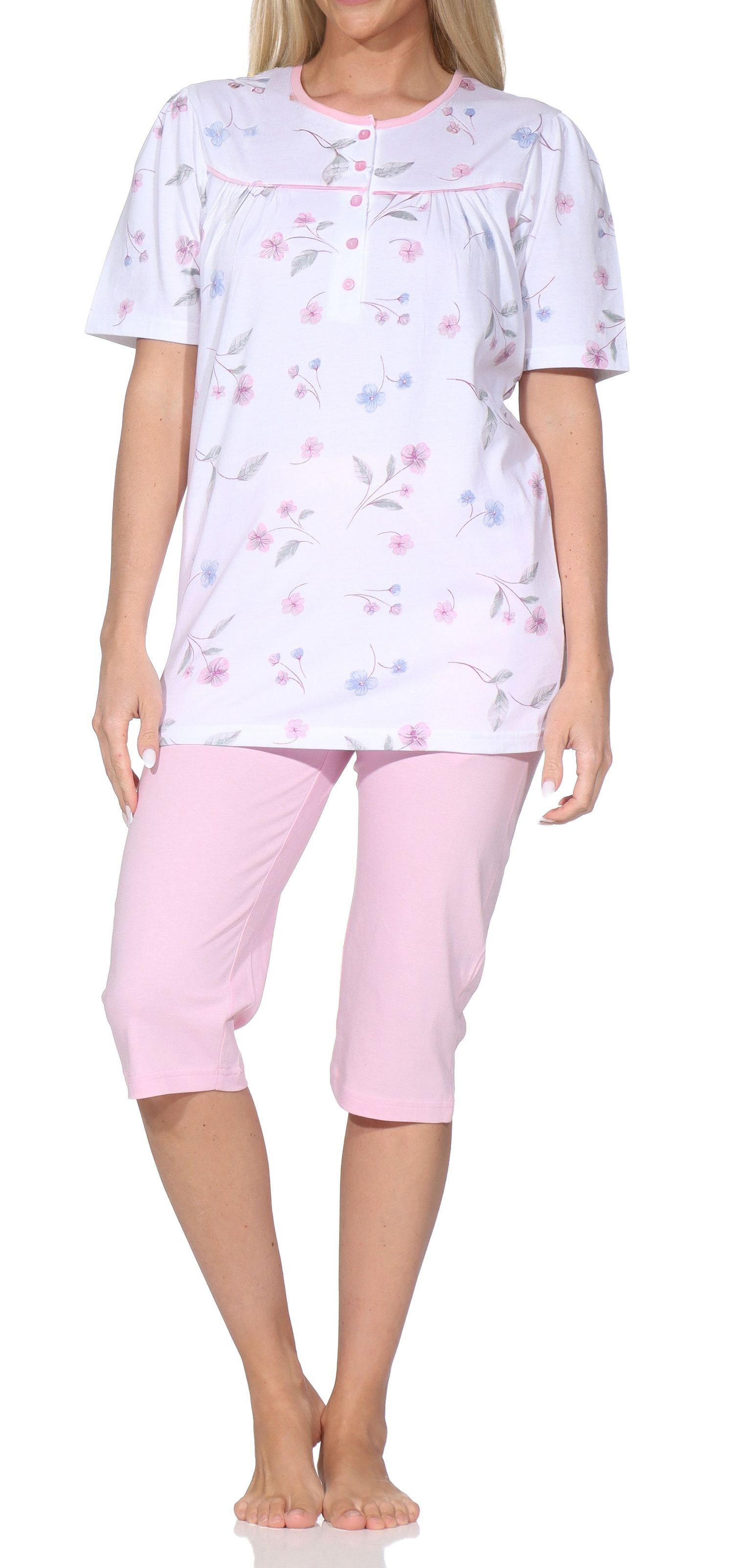 Normann Damen Capri-Pyjama kurzarm – Sommerliches Blumen-Design, Auch in Übergröße Normann Damen Capri-Pyjama kurzarm – Sommerliches Blumen-Design, Auch in Übergröße