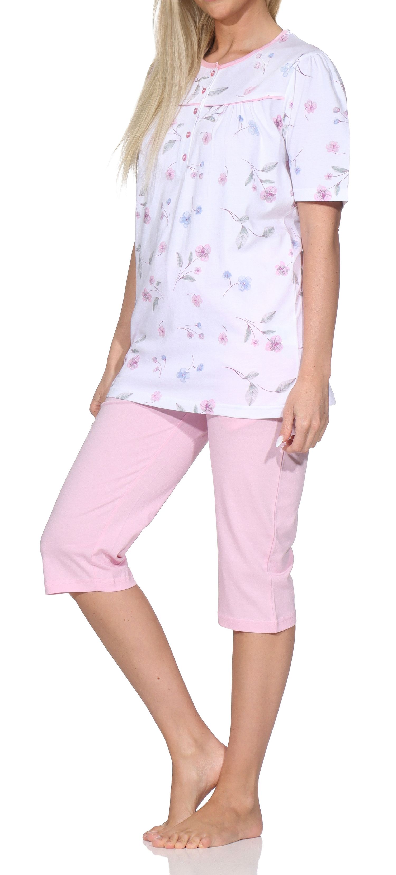 Normann Damen Capri-Pyjama kurzarm – Sommerliches Blumen-Design, Auch in Übergröße