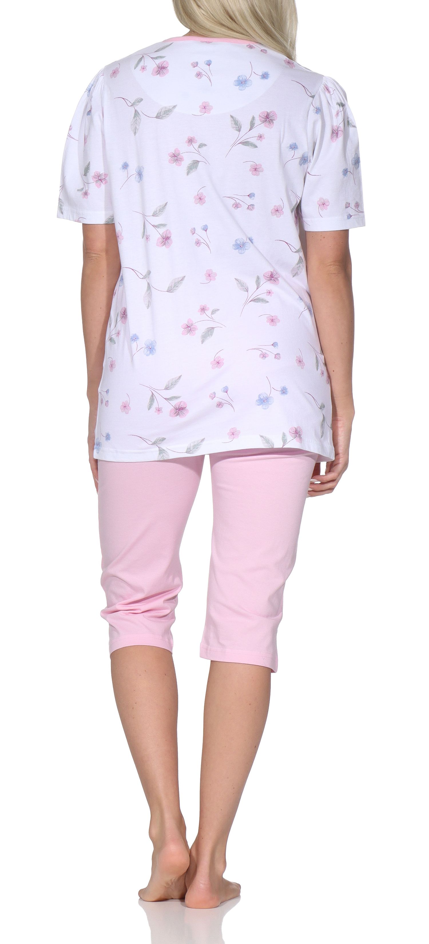 Normann Damen Capri-Pyjama kurzarm – Sommerliches Blumen-Design, Auch in Übergröße