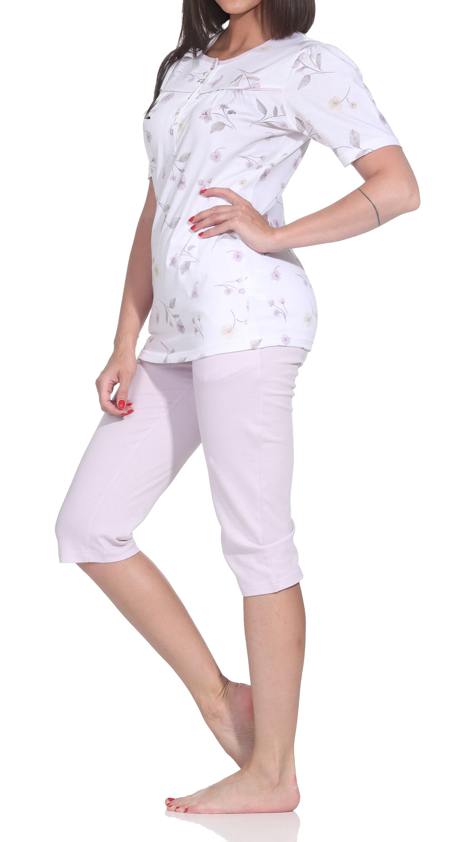 Normann Damen Capri-Pyjama kurzarm – Sommerliches Blumen-Design, Auch in Übergröße