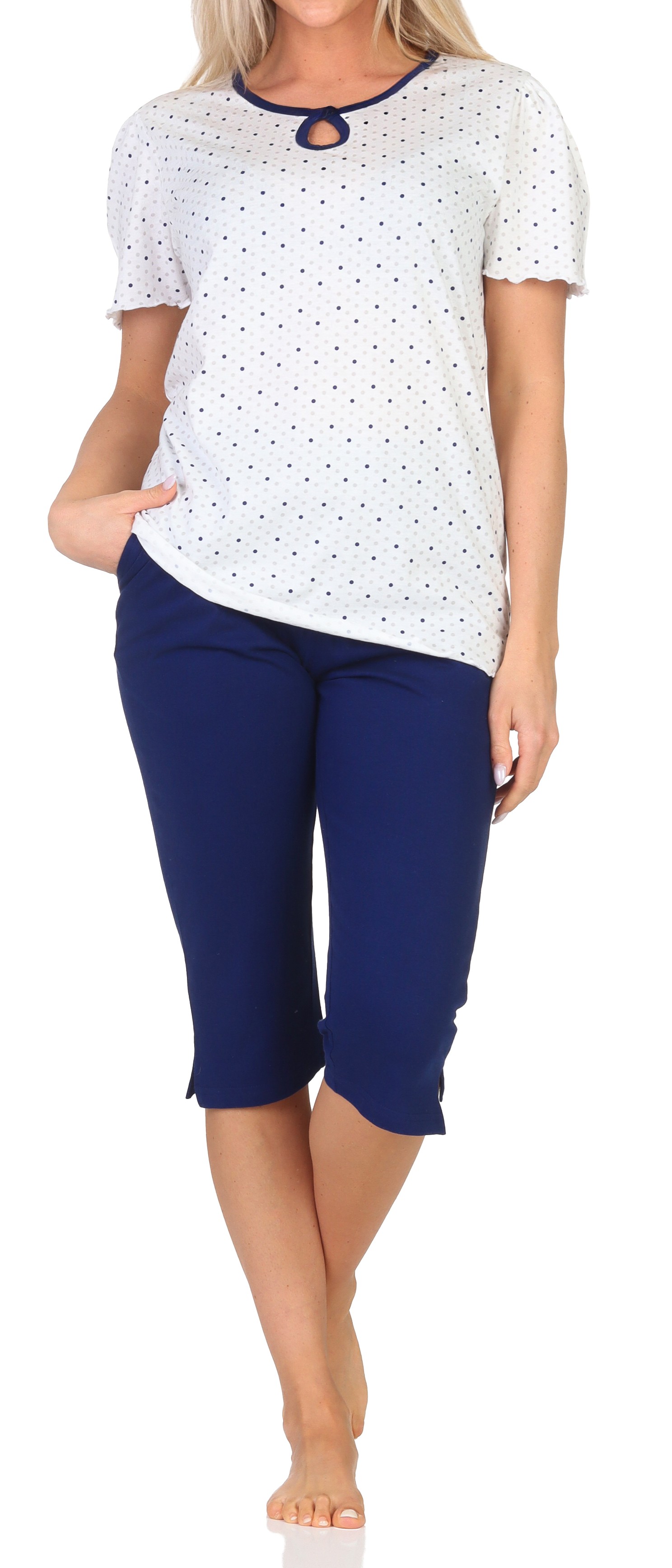Normann Damen Capri-Pyjama kurzarm – Zeitlose Punkte-Optik – auch in Übergrößen