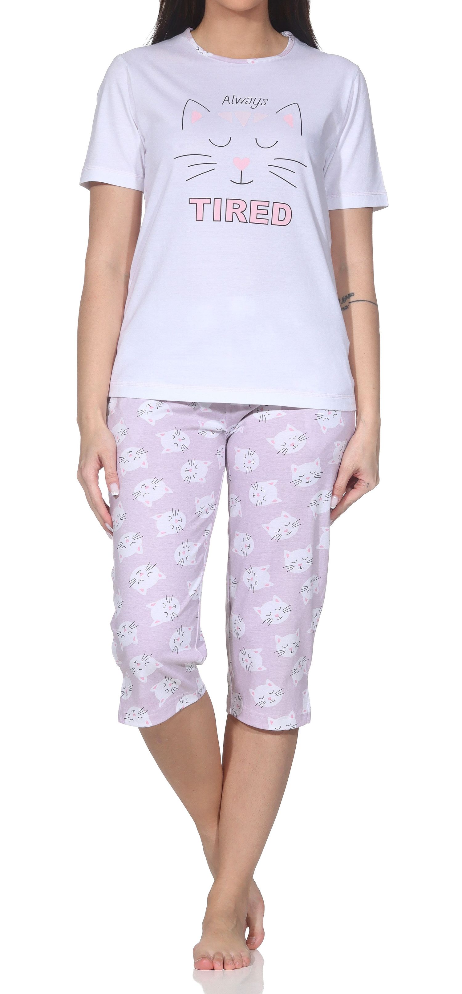 Normann Damen Capri-Pyjama kurzarm – Sommerlicher Katzen-Schlafanzug – auch in Übergröße