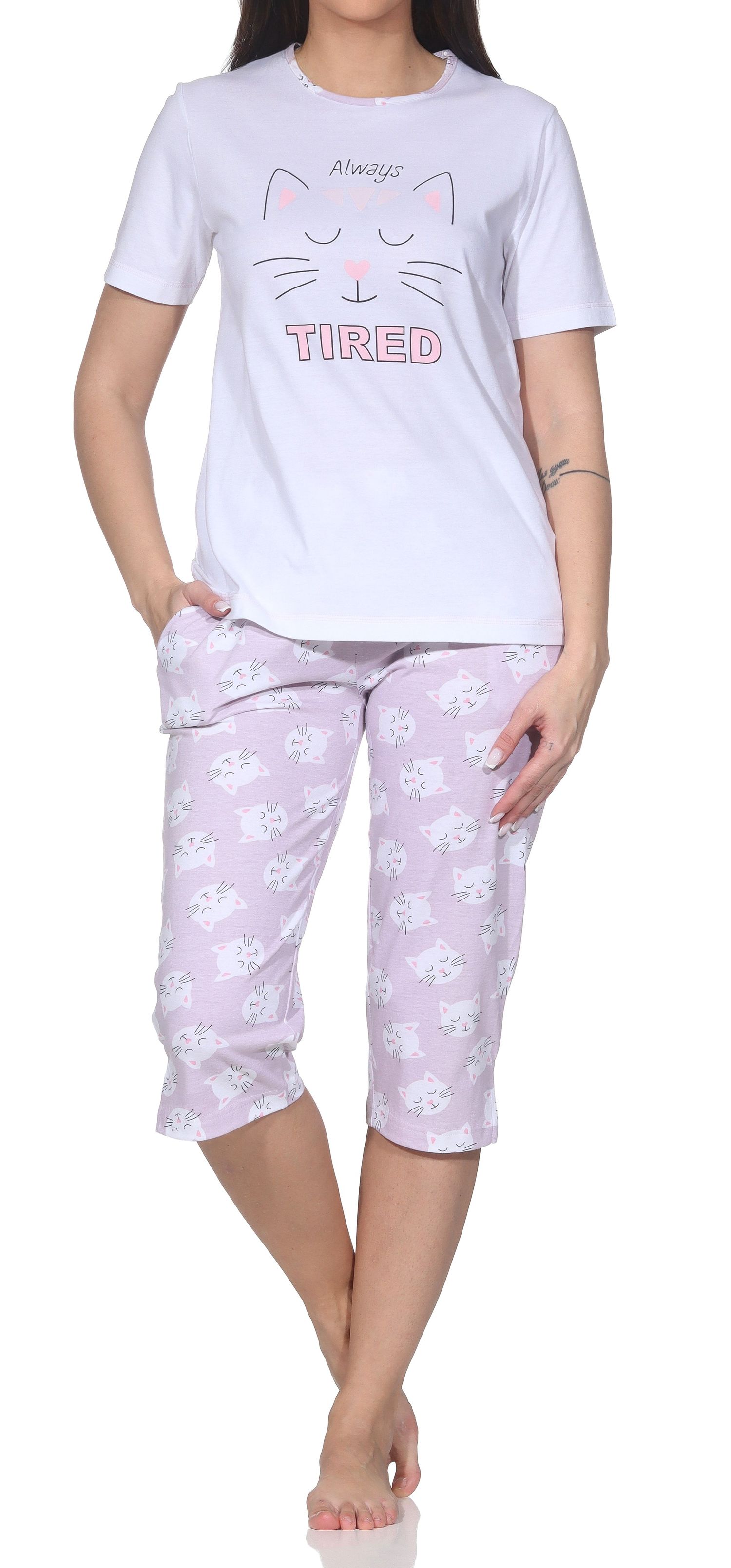 Normann Damen Capri-Pyjama kurzarm – Sommerlicher Katzen-Schlafanzug – auch in Übergröße