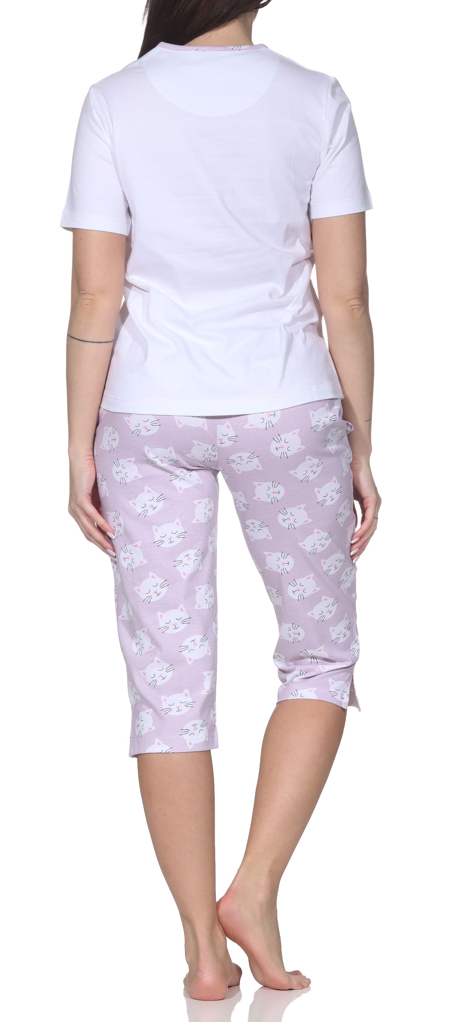 Normann Damen Capri-Pyjama kurzarm – Sommerlicher Katzen-Schlafanzug – auch in Übergröße