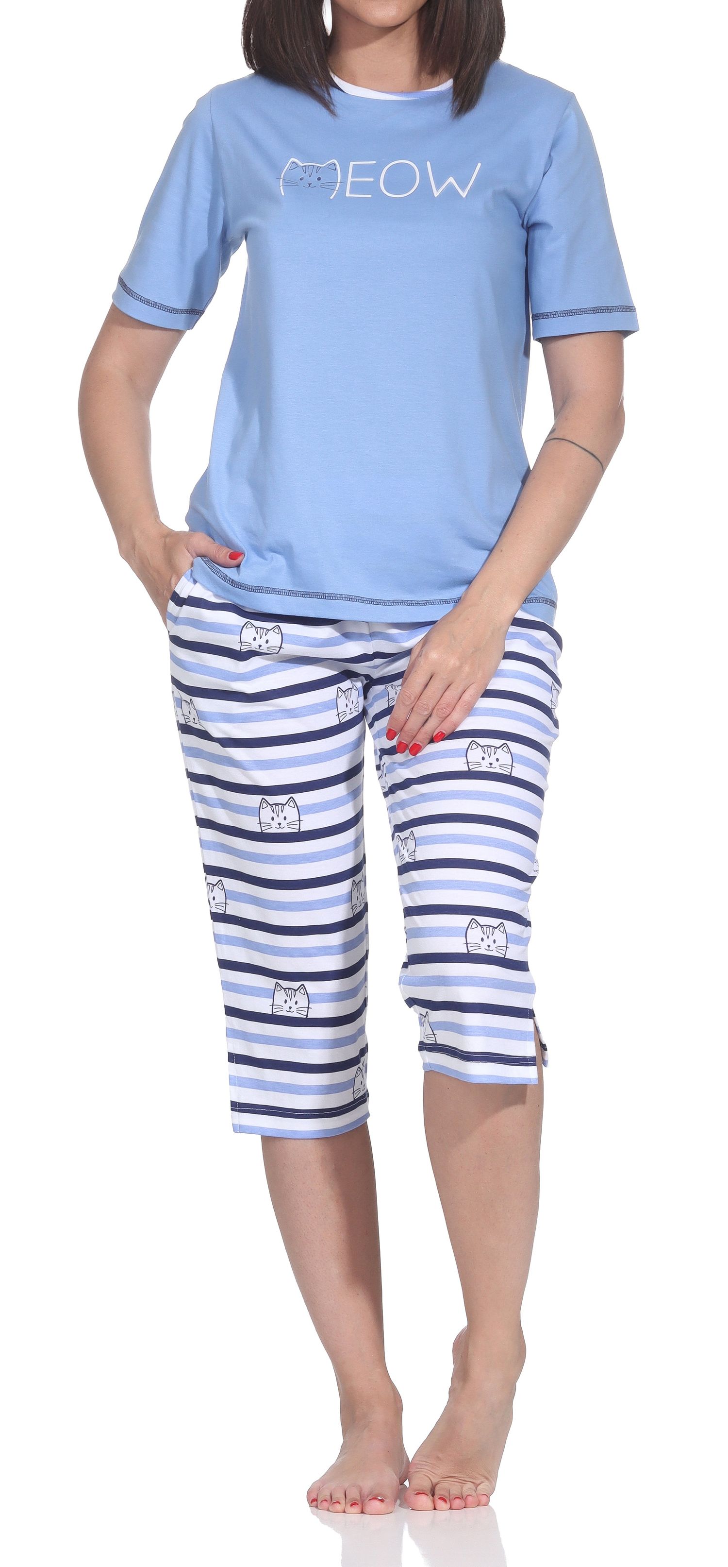 Normann Damen Capri-Pyjama kurzarm – Süße Katzen-Optik mit Zierspruch – auch in Übergröße