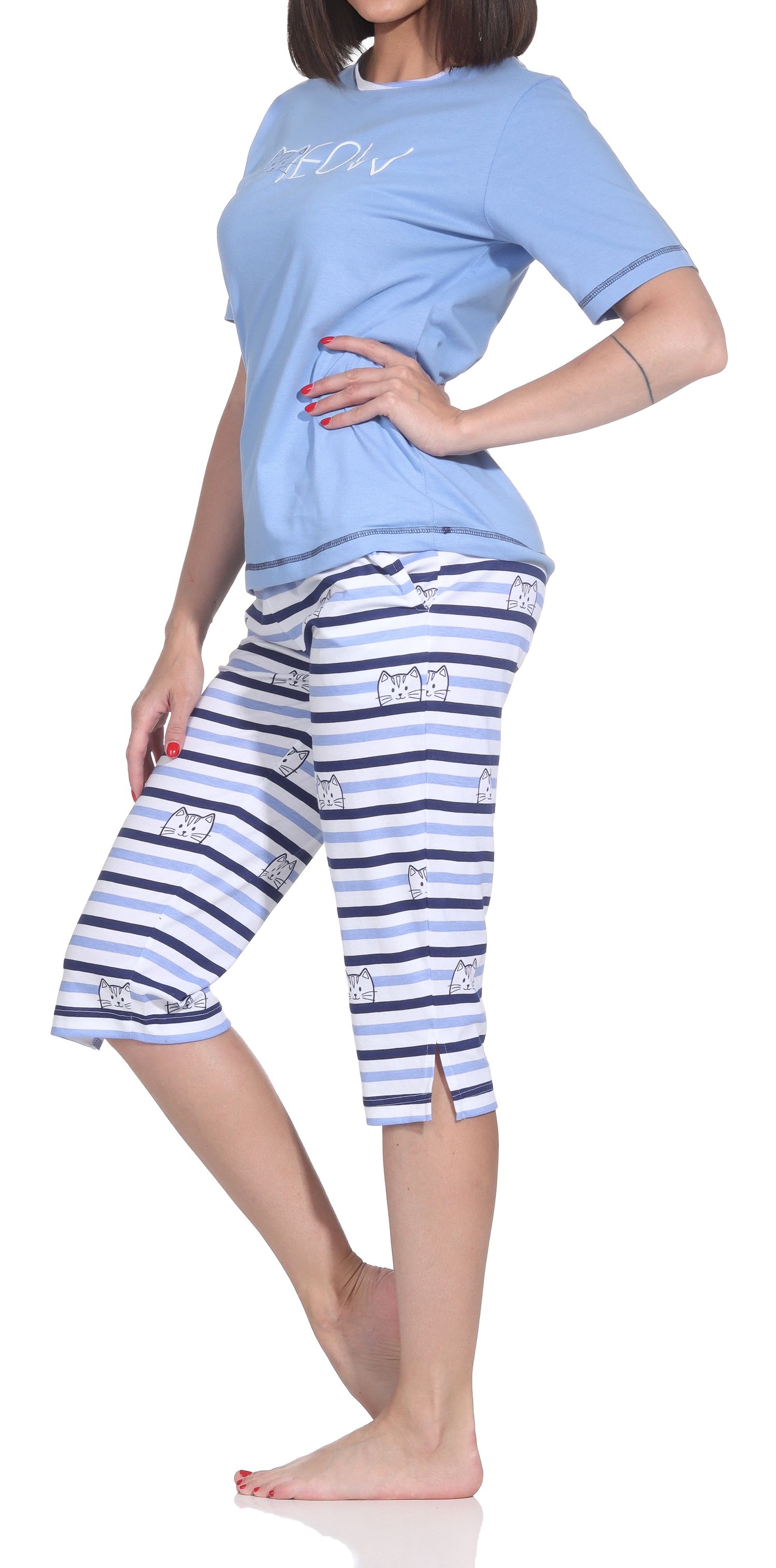 Normann Damen Capri-Pyjama kurzarm – Süße Katzen-Optik mit Zierspruch – auch in Übergröße